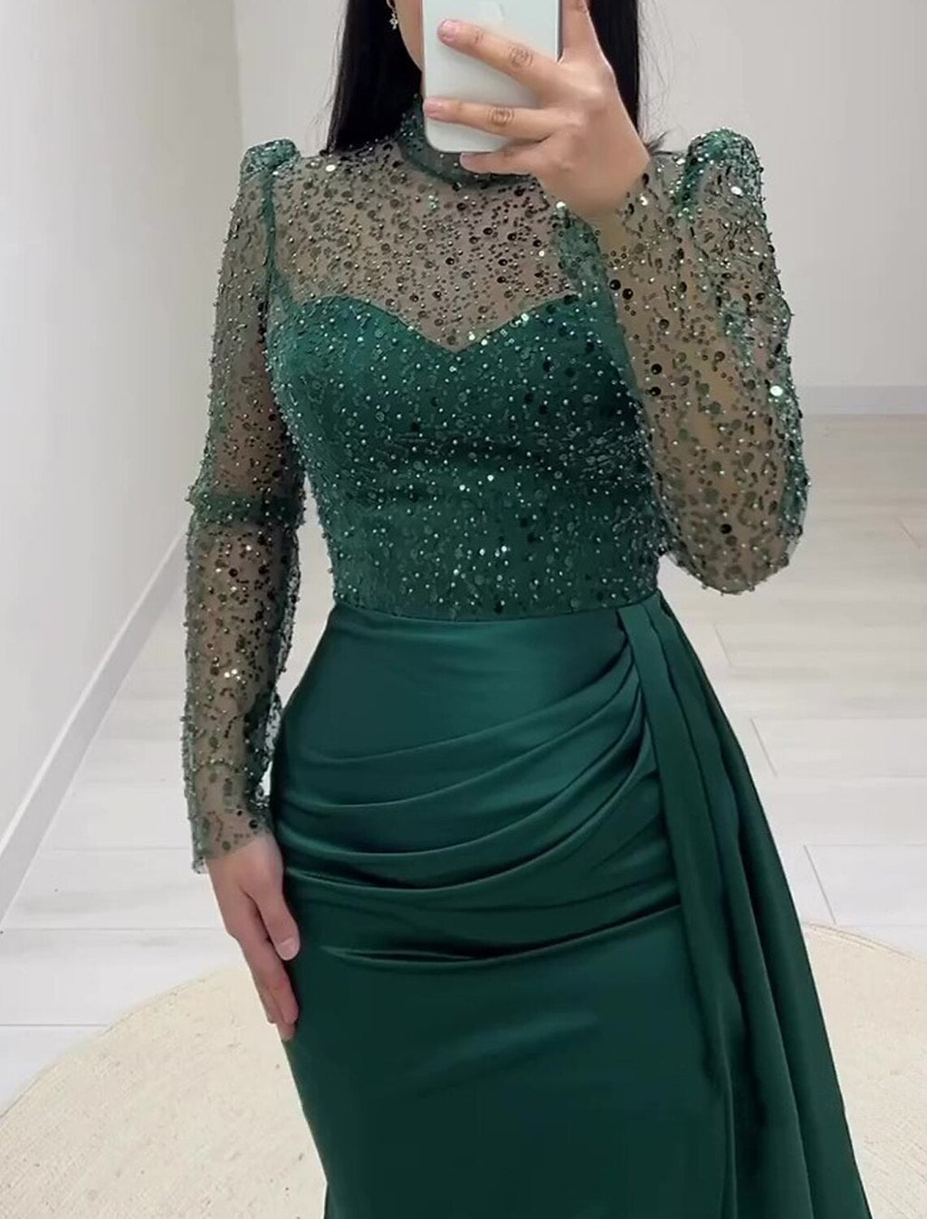 A-Line High Neck Satin Long Sleeve High Slit Evening Gown - Chloe Dress