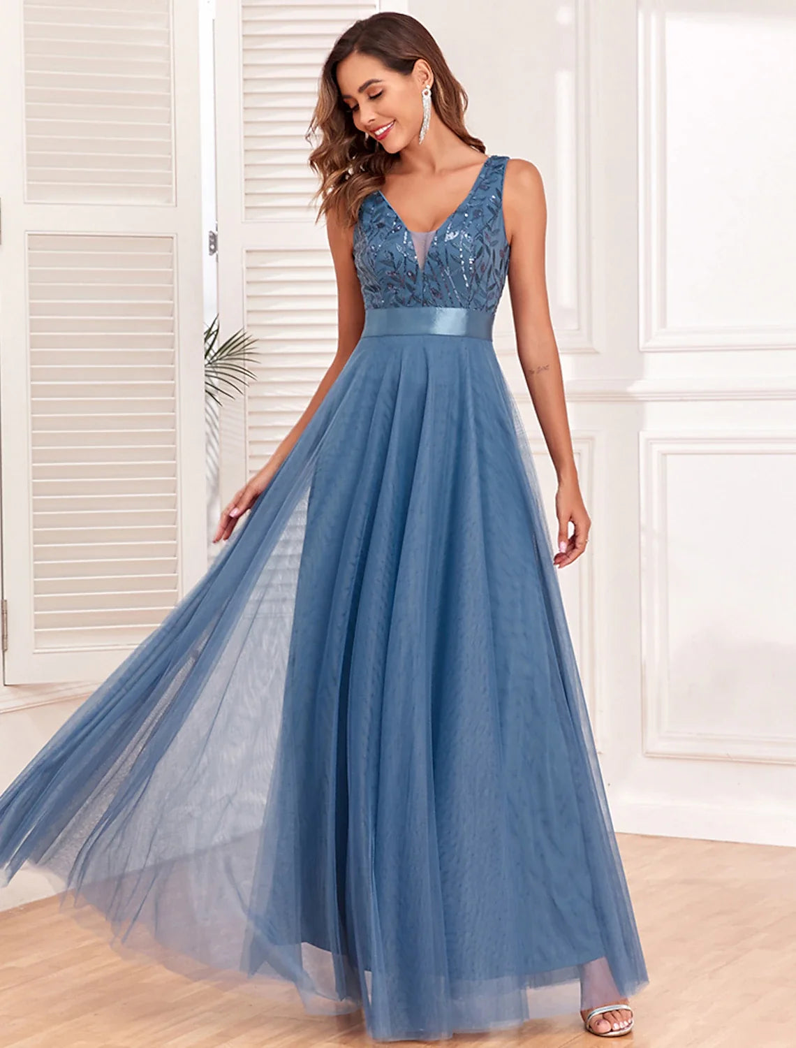 A-Line V-Neck Tulle Sleeveless Floor-Length Evening Gown - Chloe Dress