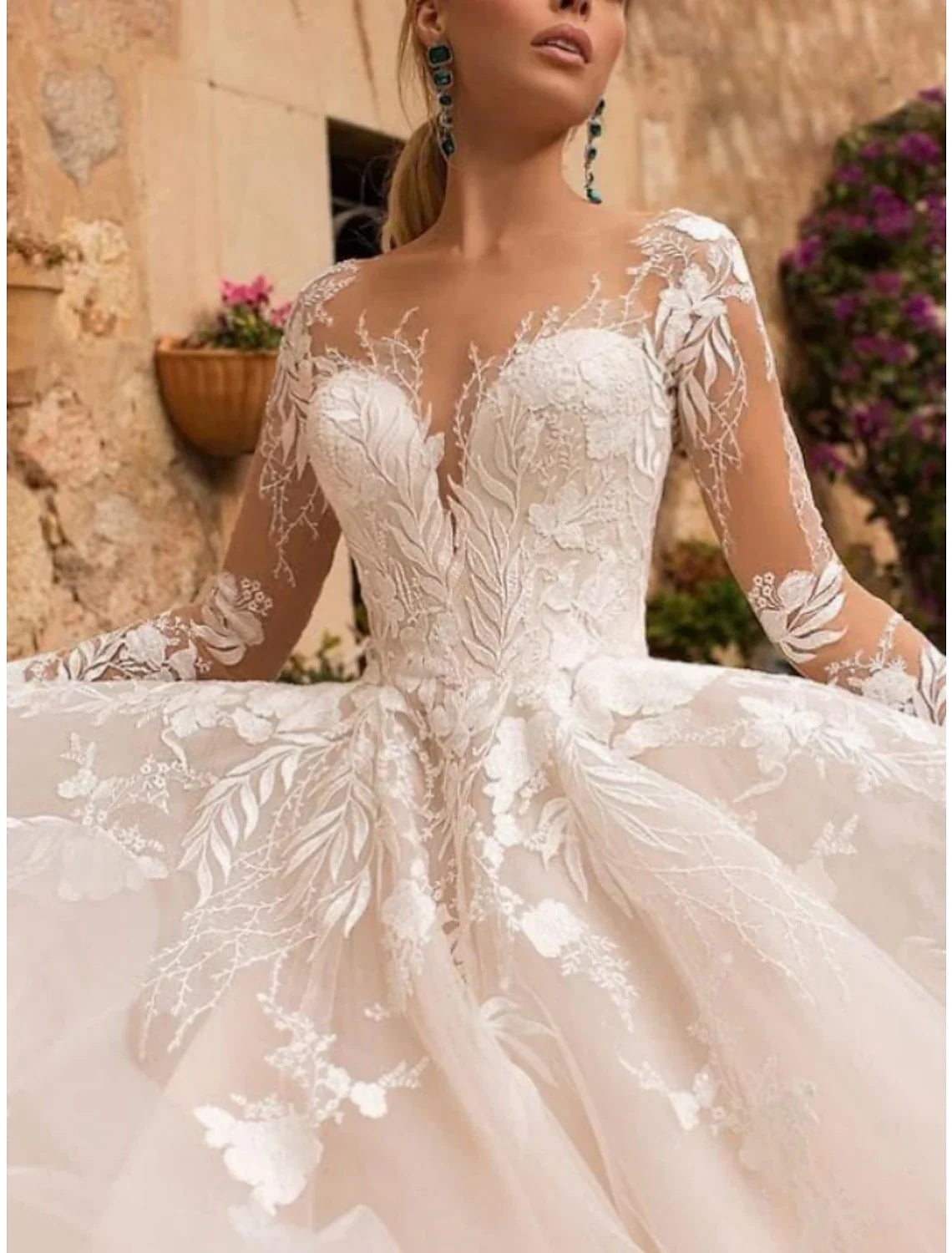 A-Line V-Neck Tulle Long Sleeve Pleated Wedding Gown - Chloe Dress