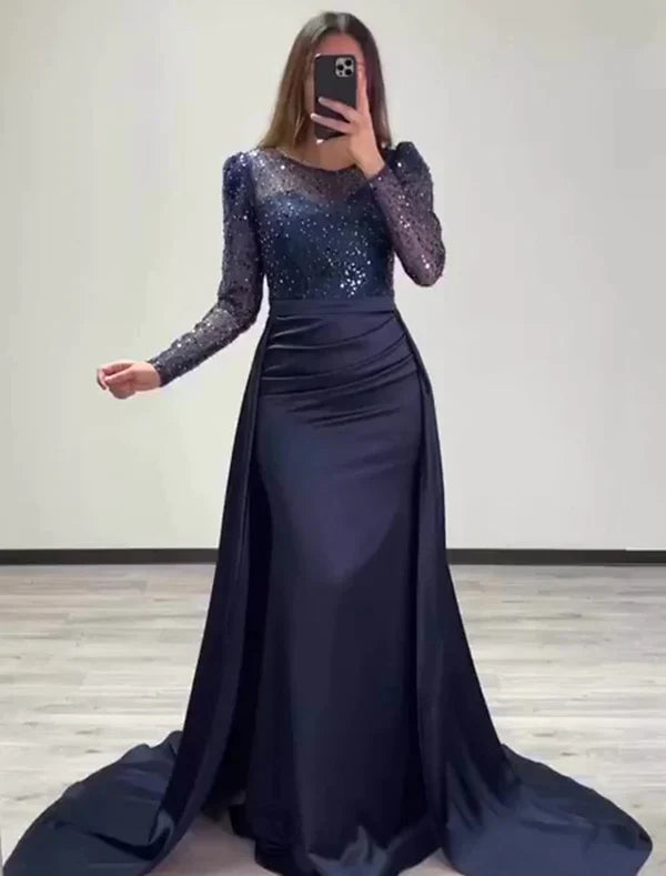 Mermaid Illusion Satin Long Sleeve Floor-Length Evening Gown - Chloe Dress