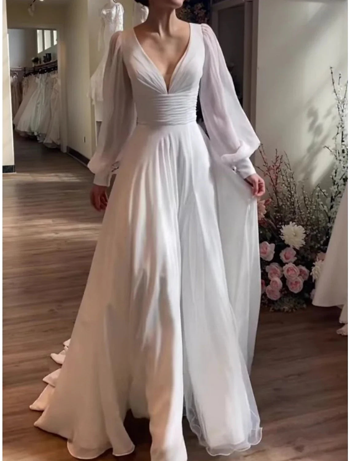 A-Line Off-Shoulder Satin Cap Sleeve Pleated Tea-Length Wedding Gown - Chloe Dress