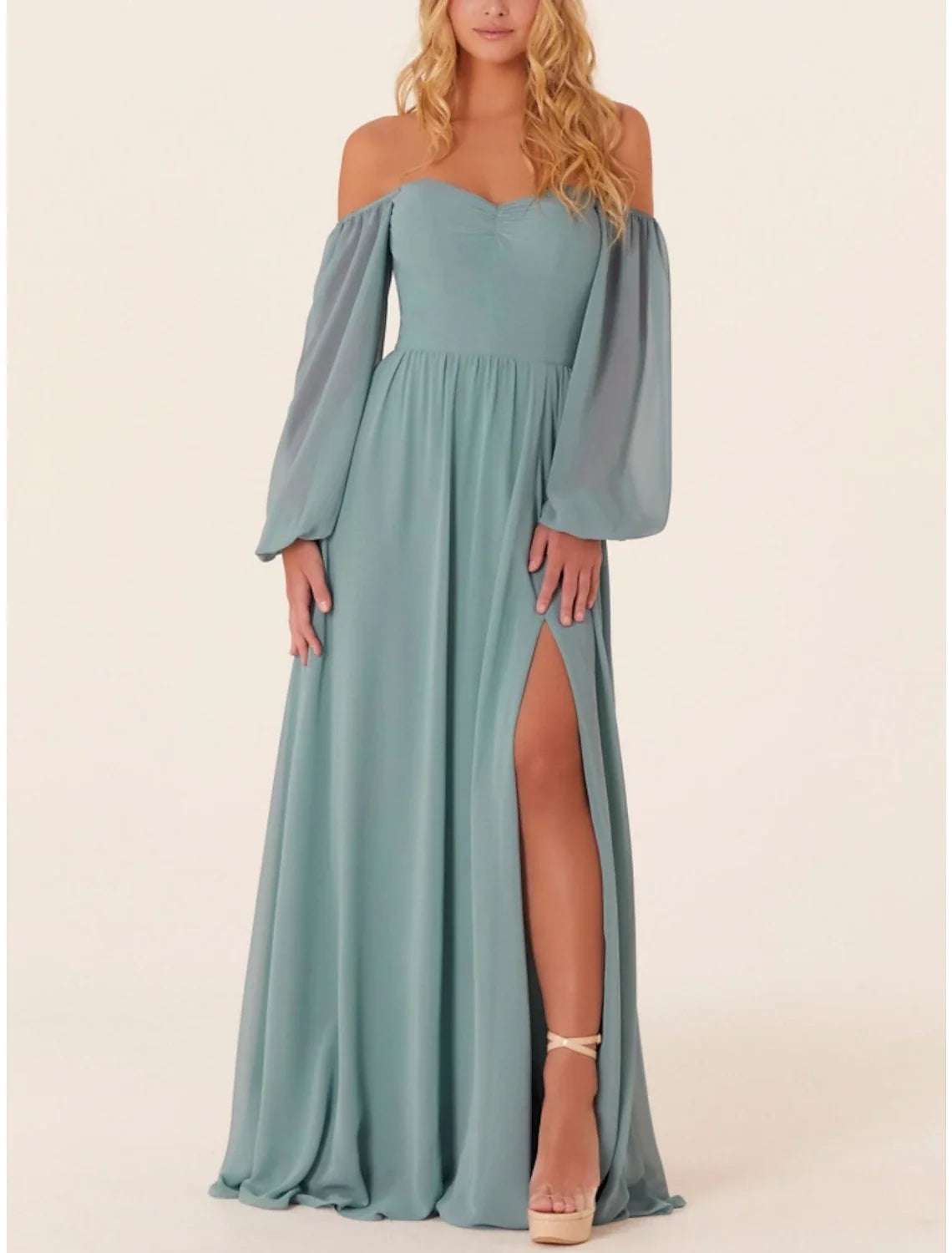 A-Line Square Neck Chiffon Long Sleeve Train Wedding Dress - Chloe Dress