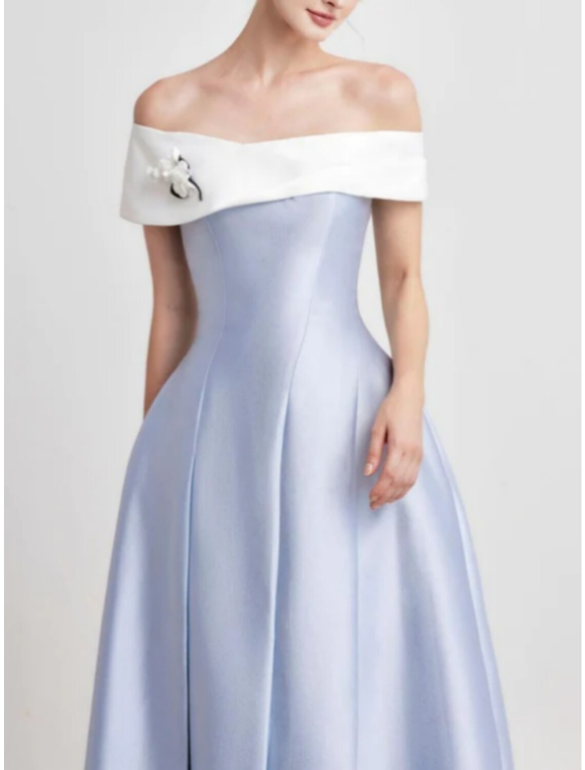 A-Line Off-Shoulder Satin Short Sleeve Pleated Mini Evening Gown - Chloe Dress