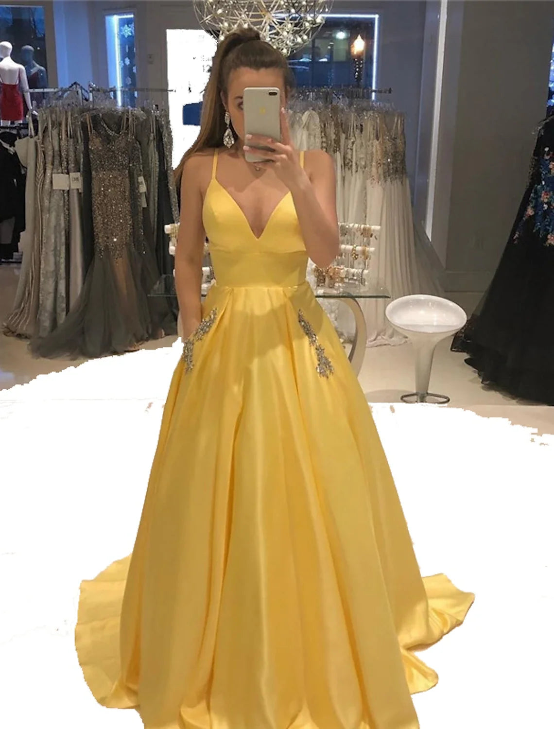 A-Line V-Neck Satin Sleeveless Train Evening Gown - Chloe Dress
