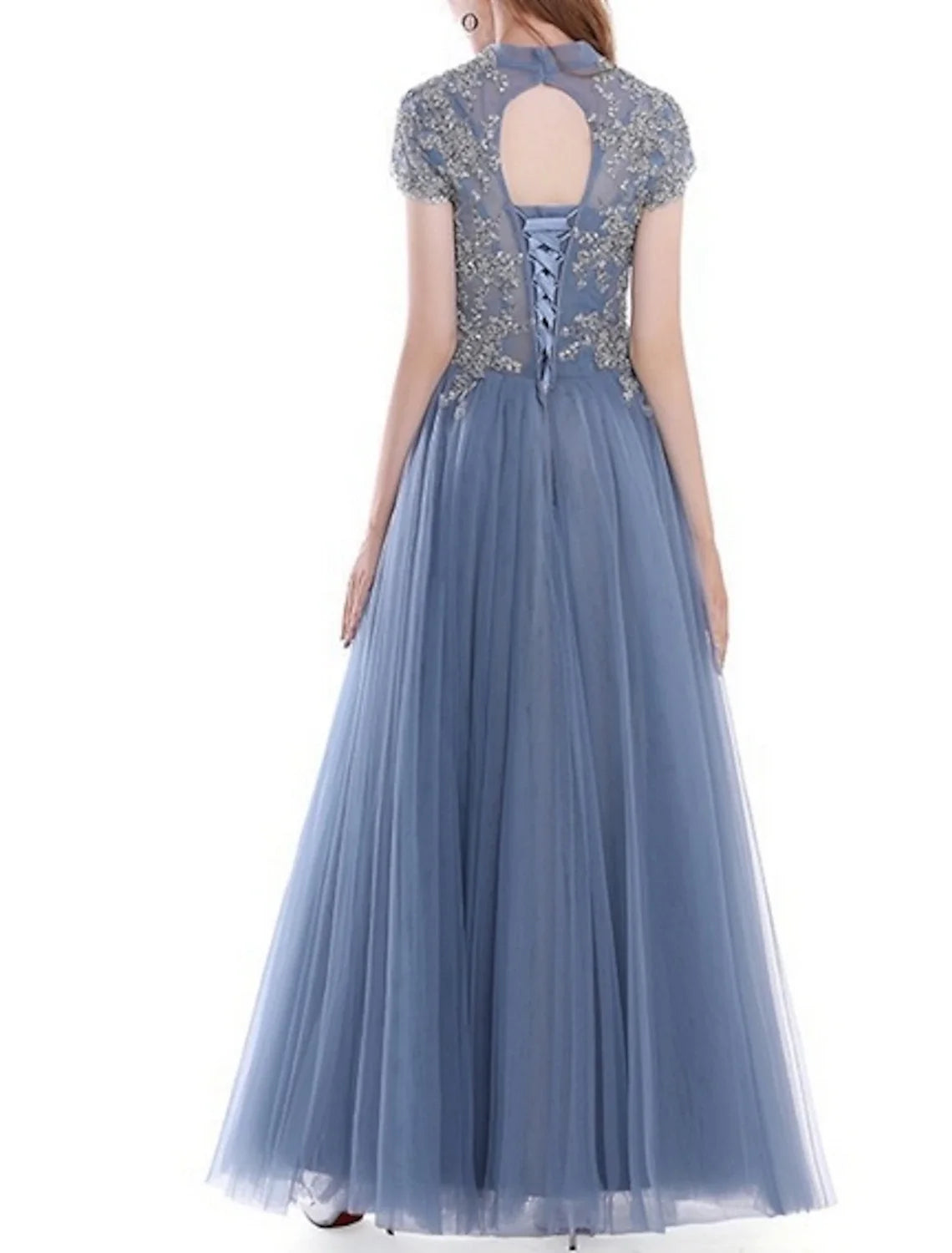 A-Line High Neck Tulle Short Sleeve Pleated Floor-Length Evening Gown - Chloe Dress