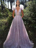 A-Line V-Neck Sequin Sleeveless Backless Floor-Length Prom Dress - Chloe Dress