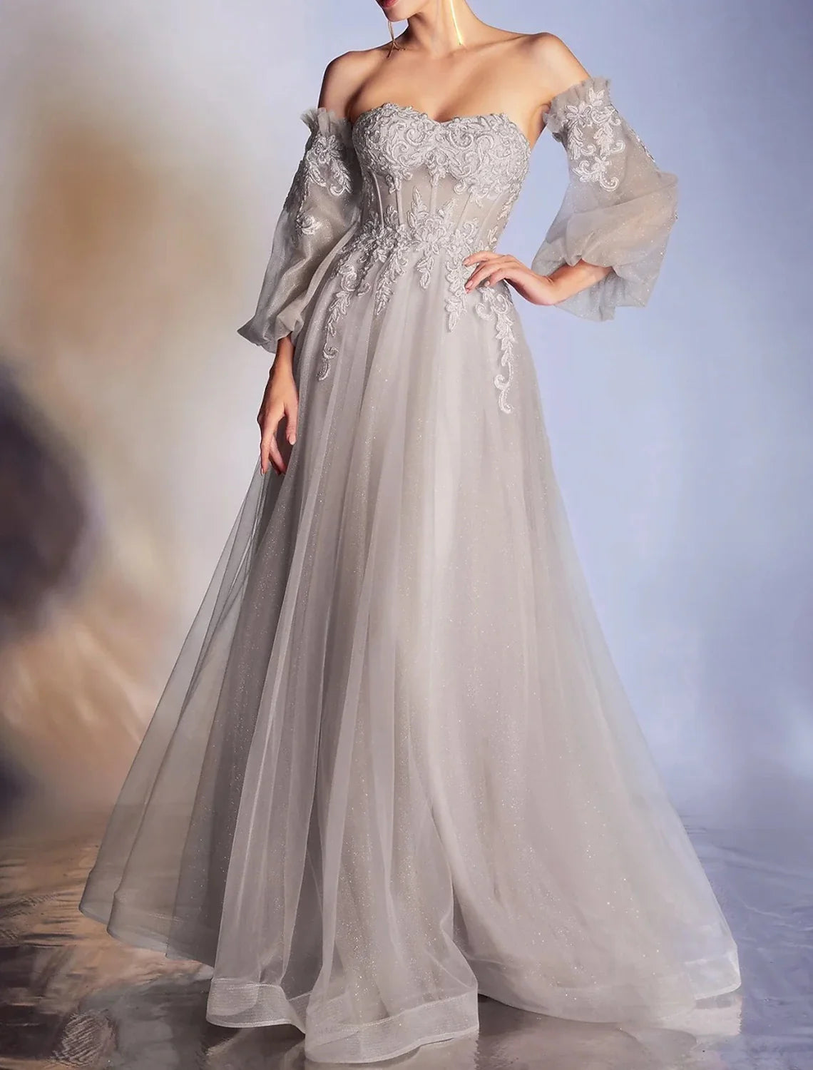 A-Line Off-Shoulder Lace Three-Quarter Sleeve Backless Applique Floor-Length Prom Dress - Chloe Dress