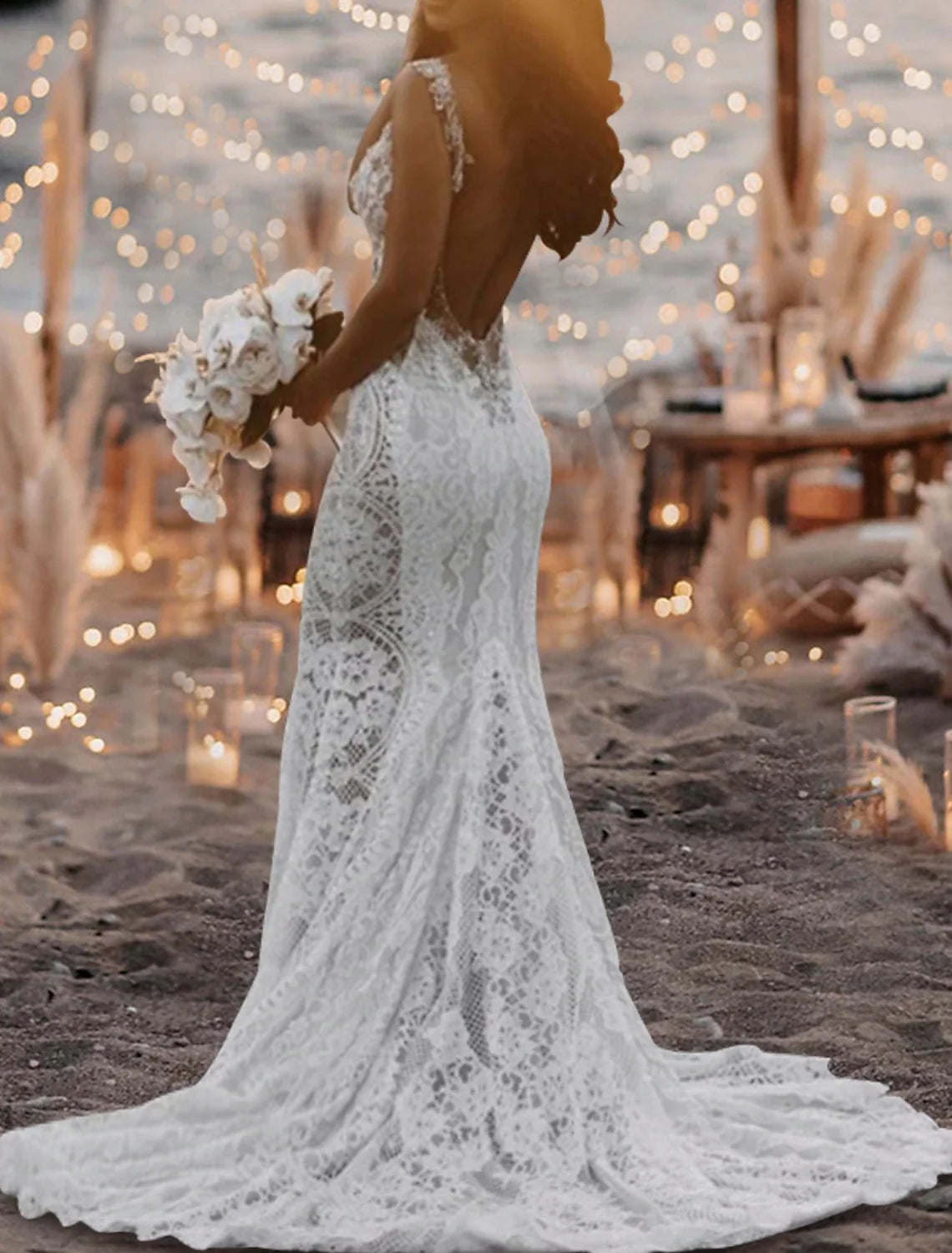 Mermaid V-Neck Lace Sleeveless Open Back Train Wedding Gown - Chloe Dress
