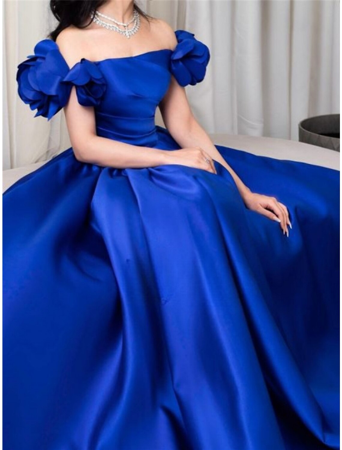 A-Line Off-Shoulder Satin Short Sleeve Pleated Mini Evening Gown - Chloe Dress