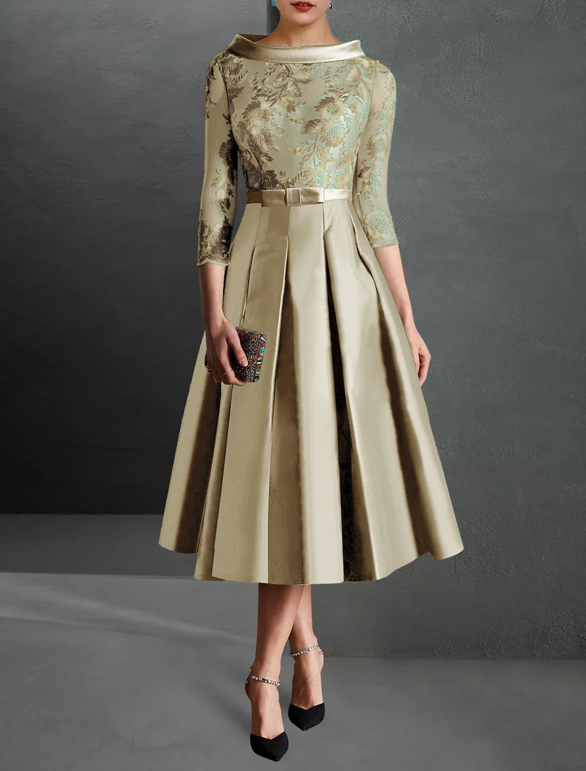 Green A-Line Satin Three-Quarter Sleeve Pleated Tea-Length Wedding Dress - Chloe Dress