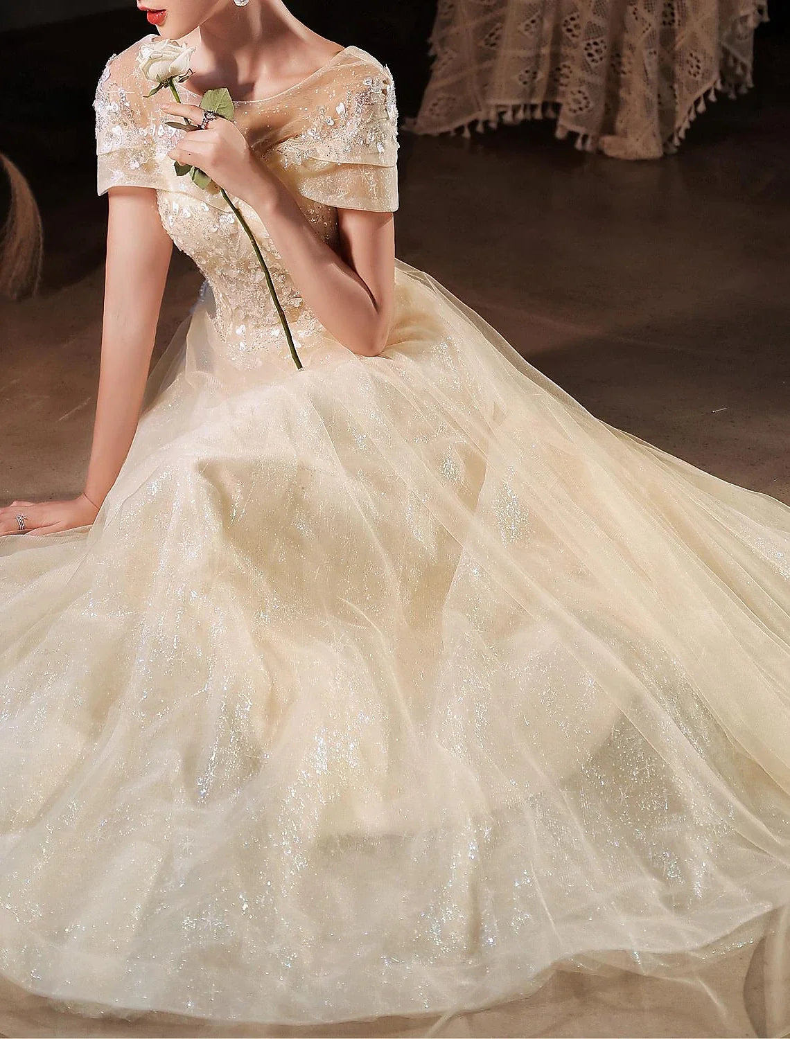 A-Line Lace Short Sleeve Applique Floor-Length Evening Dress - Chloe Dress