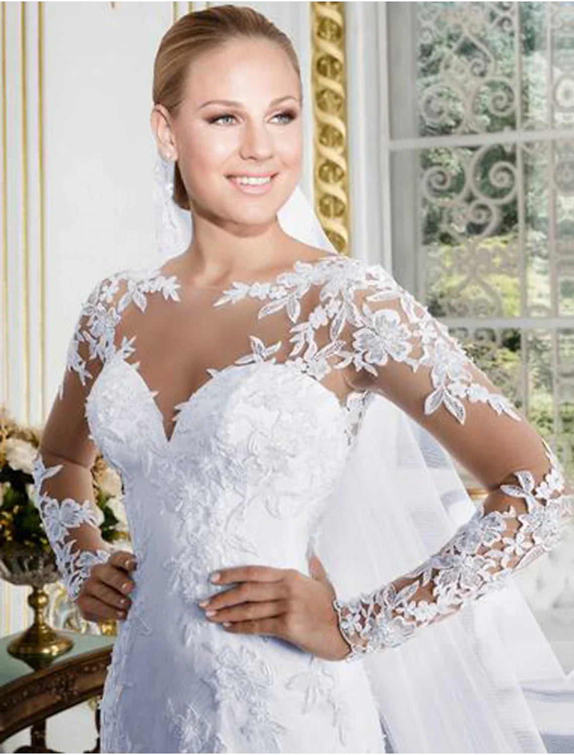 Mermaid Illusion Lace Long Sleeve Open Back Train Wedding Gown - Chloe Dress