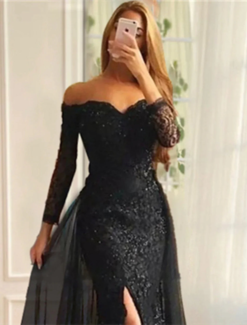 Mermaid Off-Shoulder Chiffon Long Sleeve High Slit Evening Gown - Chloe Dress