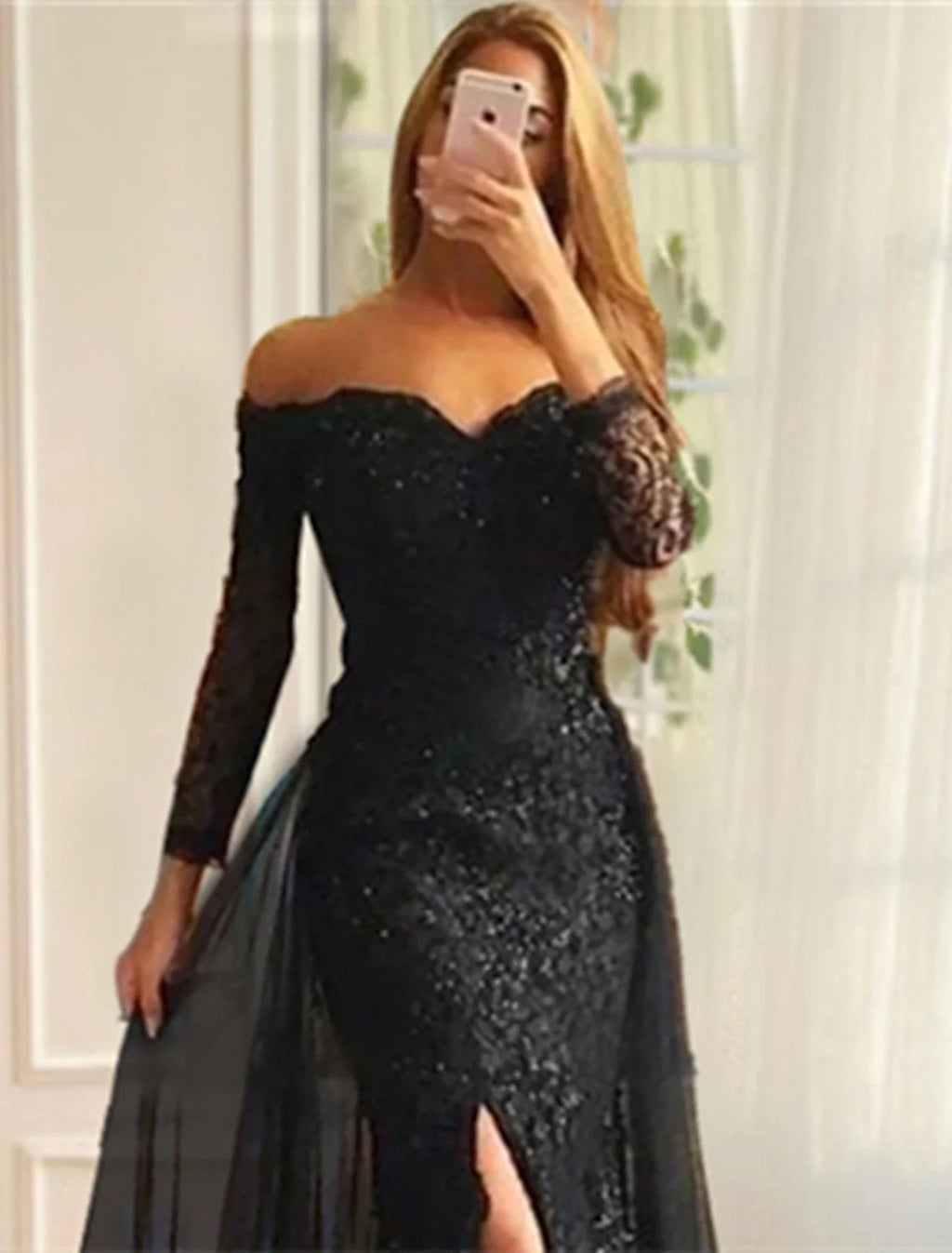 Mermaid Off-Shoulder Chiffon Long Sleeve High Slit Evening Gown - Chloe Dress