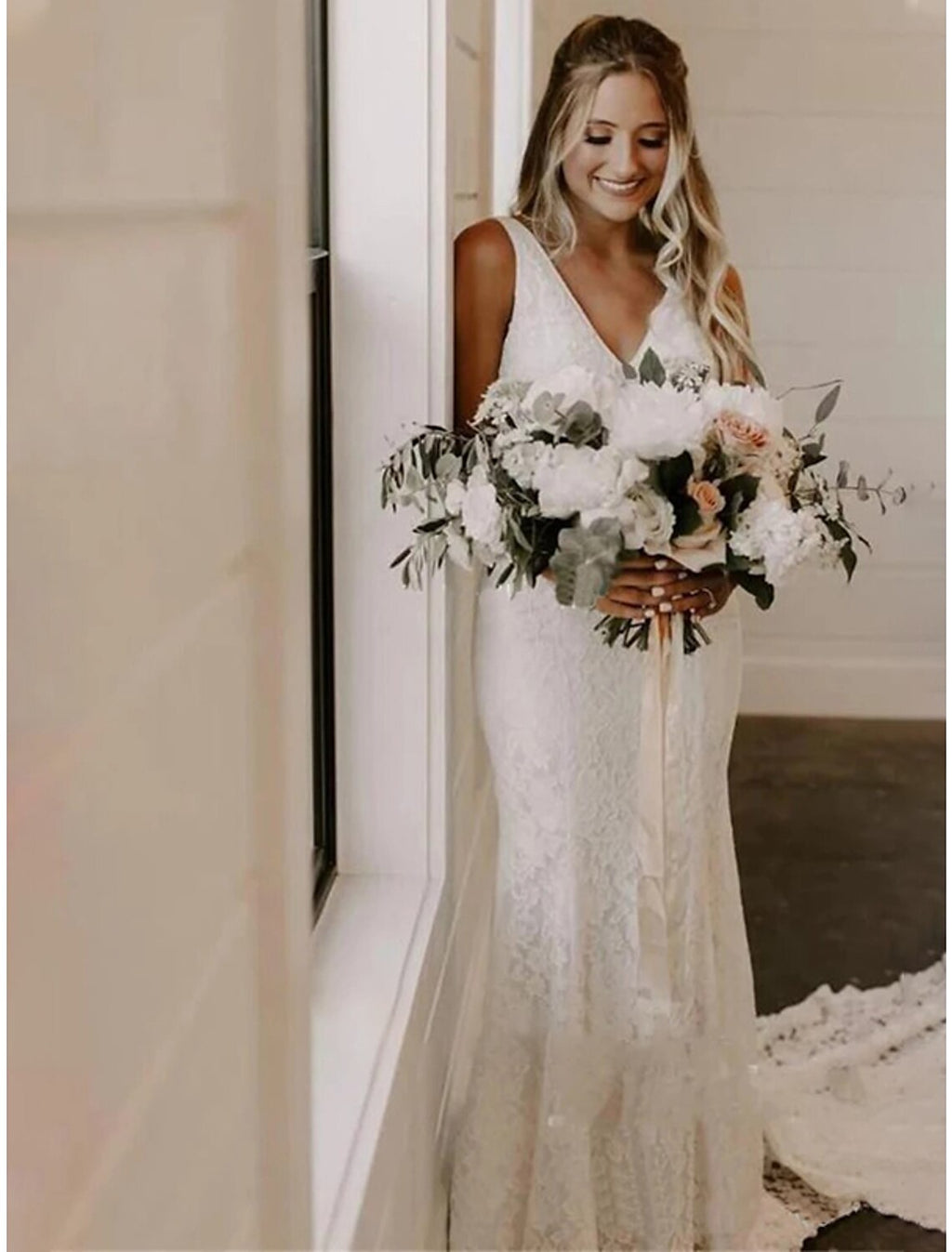 Mermaid V-Neck Lace Sleeveless Train Wedding Gown - Chloe Dress