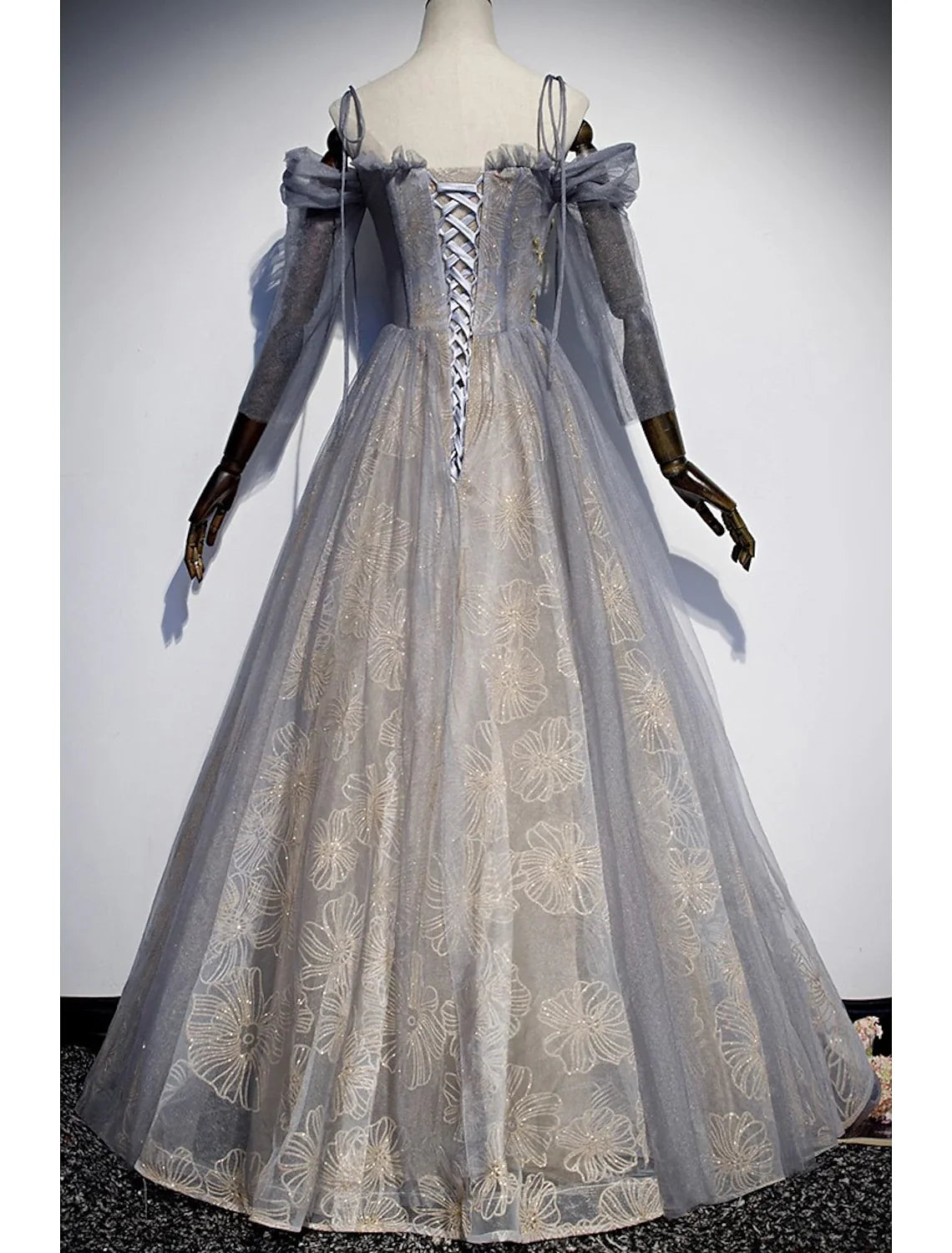 A-Line Spaghetti Strap Tulle Three-Quarter Sleeve Floor-Length Prom Dress - Chloe Dress