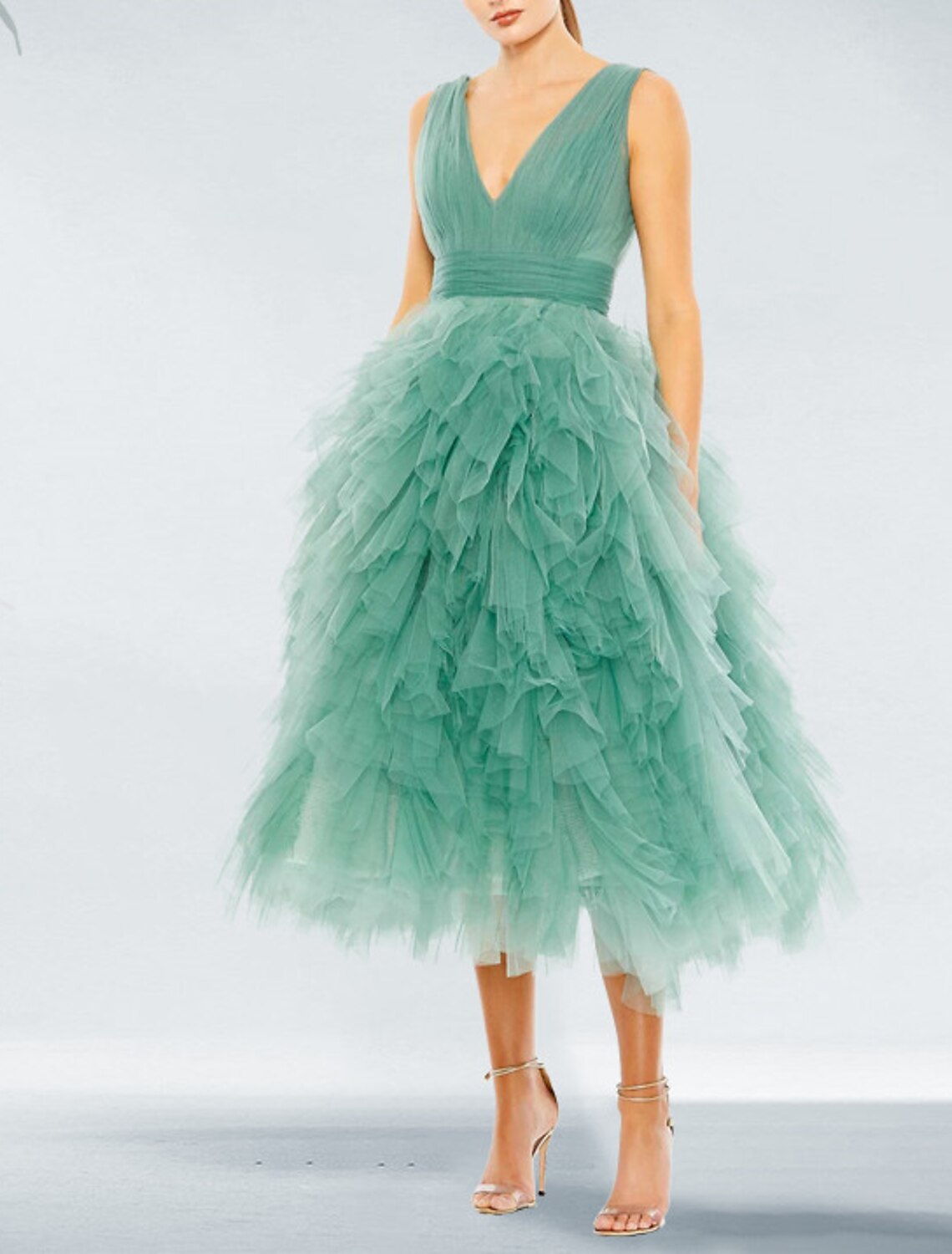 Black Ball Gown V-Neck Tulle Sleeveless Pleated Tea-Length Prom Gown - Chloe Dress