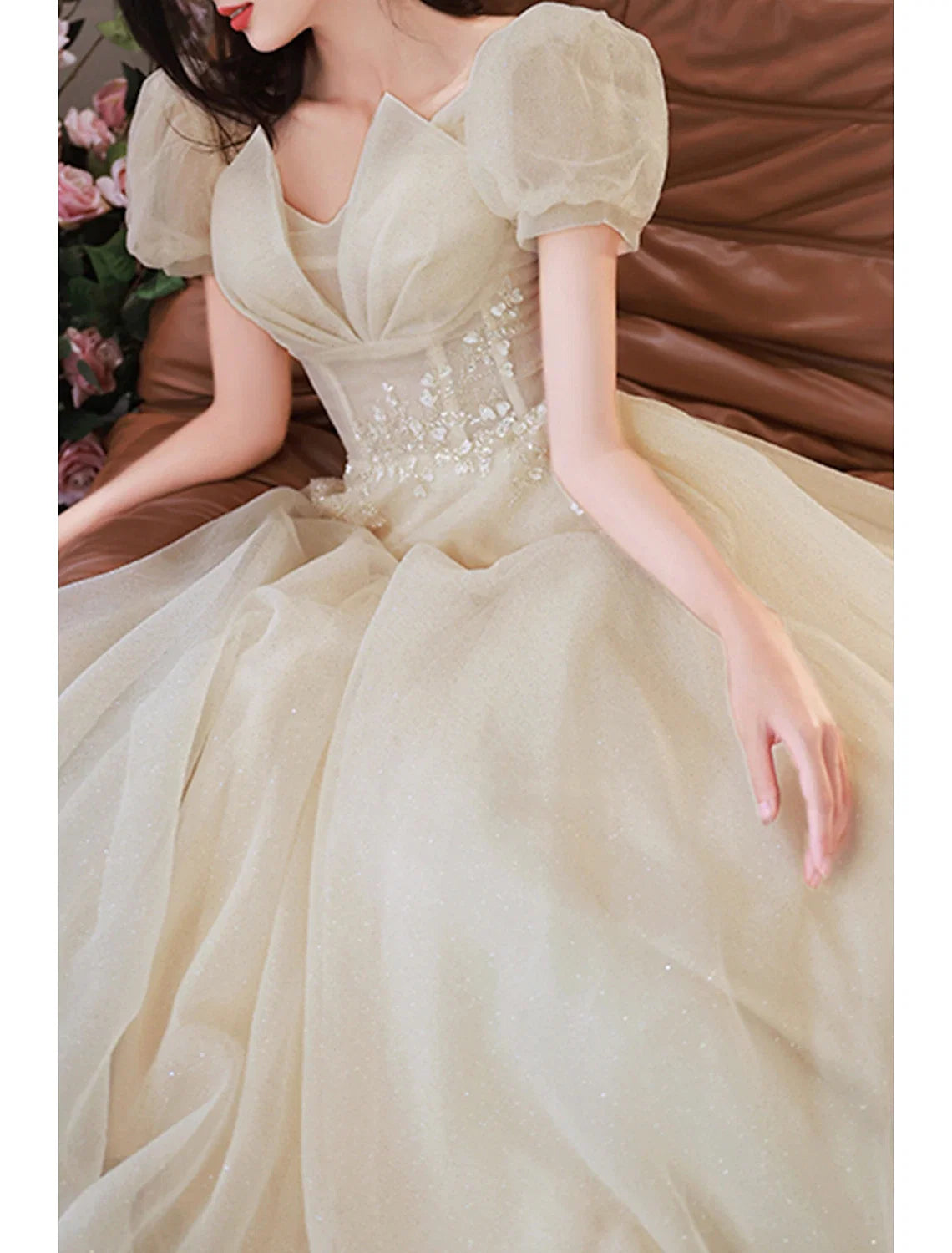 A-Line V-Neck Tulle Short Sleeve Floor-Length Prom Dress - Chloe Dress