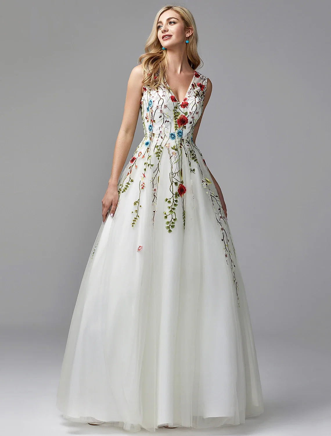 A-Line V-Neck Lace Sleeveless Applique Floor-Length Homecoming Dress - Chloe Dress