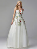A-Line V-Neck Lace Sleeveless Applique Floor-Length Wedding Dress - Chloe Dress