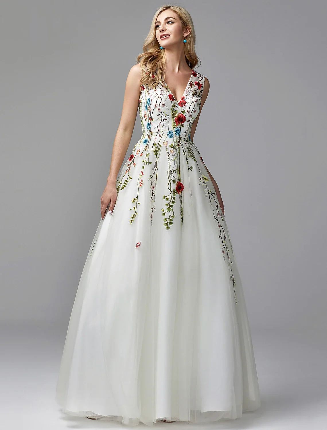 A-Line V-Neck Lace Sleeveless Applique Floor-Length Wedding Dress - Chloe Dress
