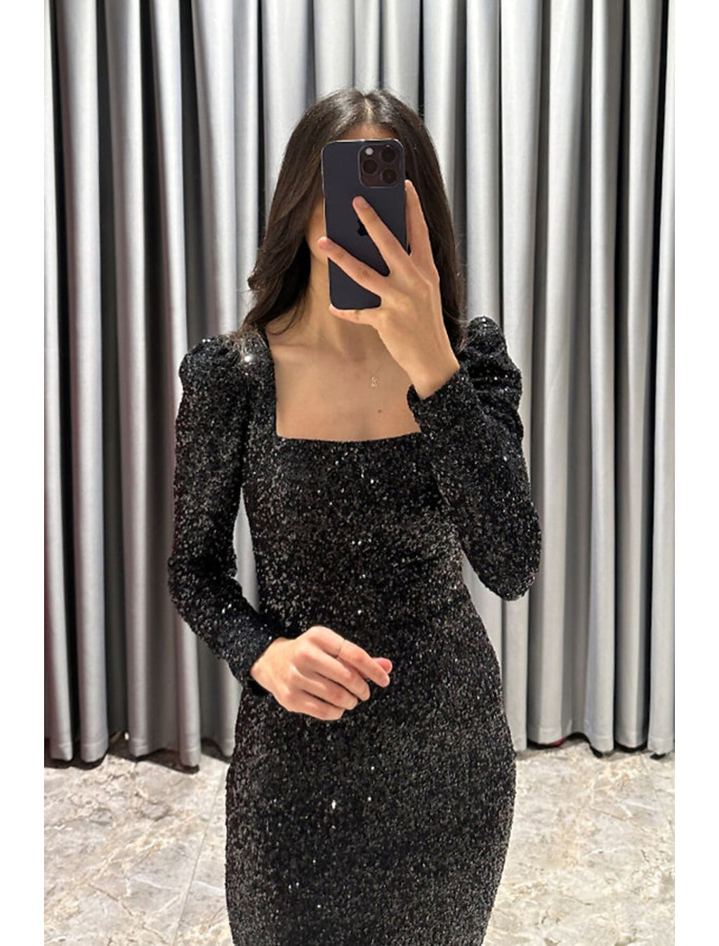Black Sheath Square Neck Sequin Long Sleeve High Slit Tea-Length Evening Gown - Chloe Dress