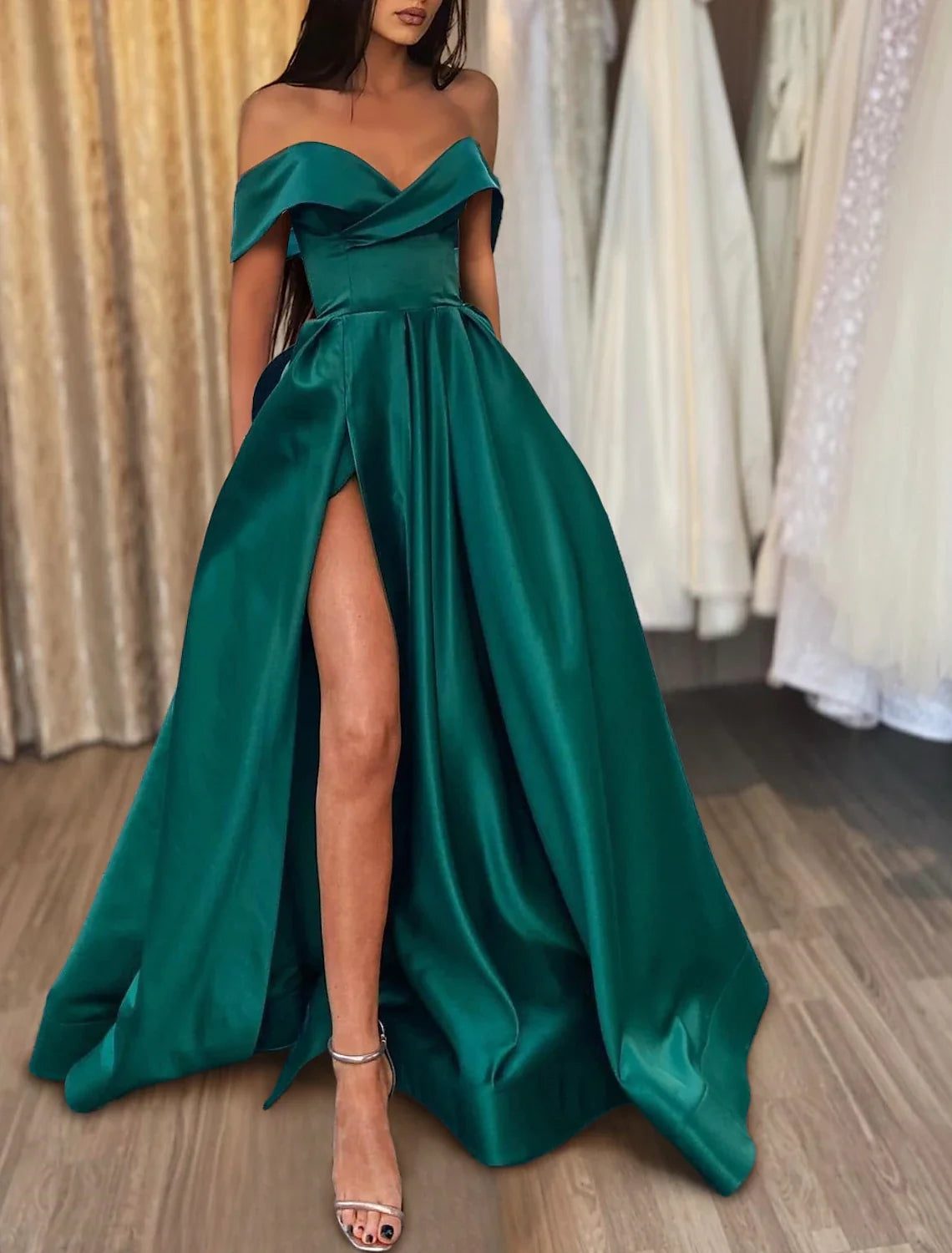 A-Line Off-Shoulder Satin Sleeveless High Slit Evening Gown - Chloe Dress
