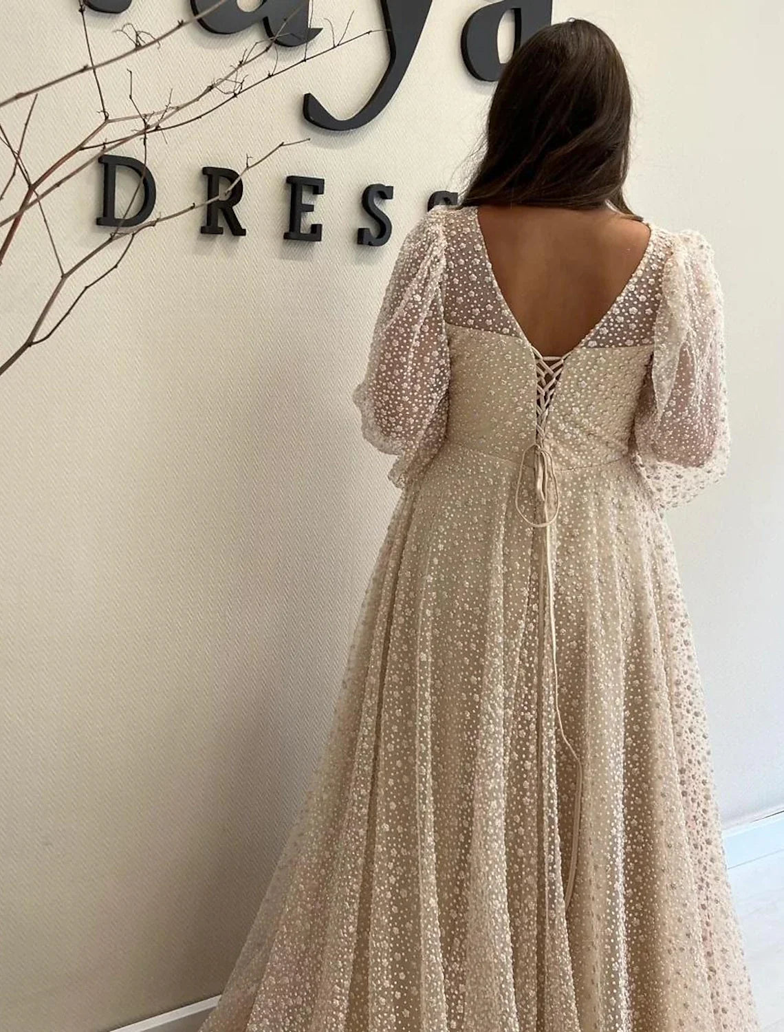 A-Line V-Neck Sequin Long Sleeve Floor-Length Prom Dress - Chloe Dress