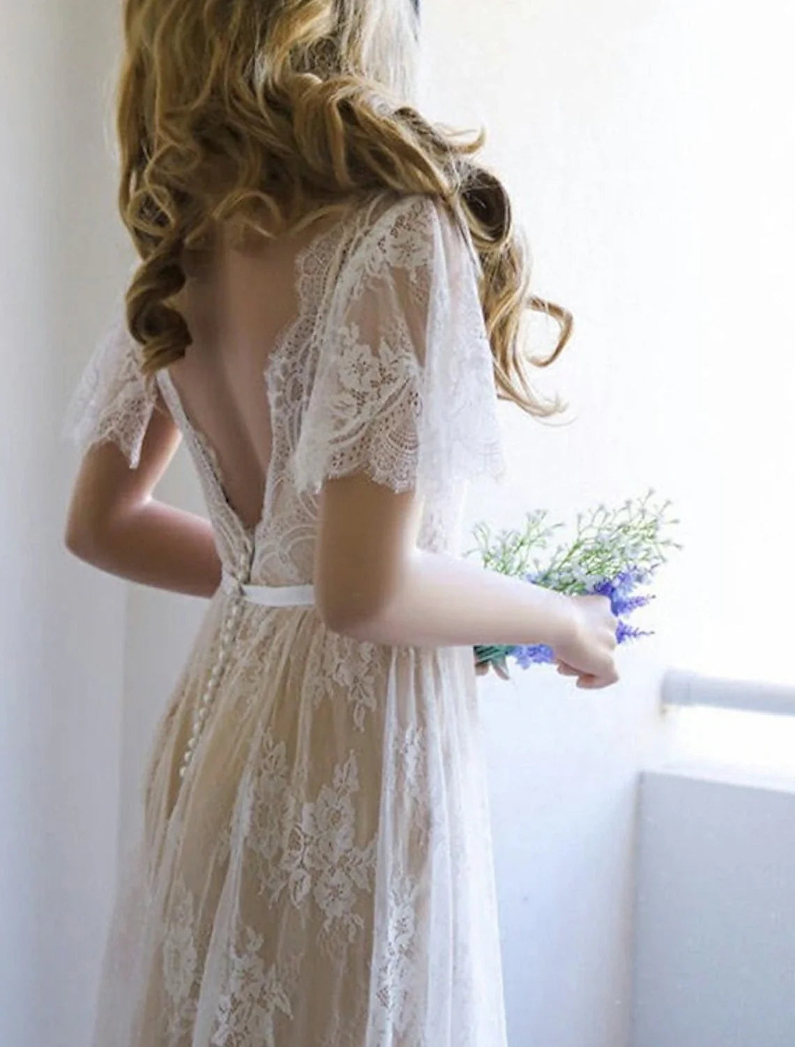 A-Line V-Neck Lace Short Sleeve Train Mini Wedding Gown - Chloe Dress
