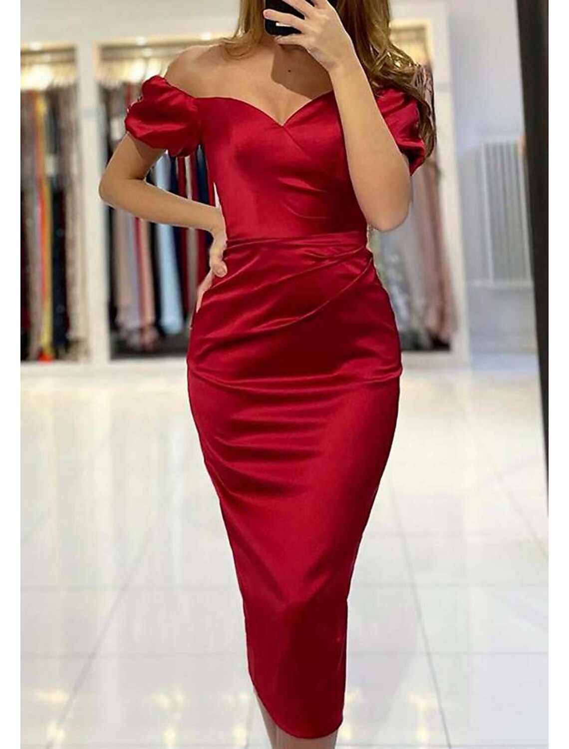 Sheath Off-Shoulder Short Sleeve Mini Wedding Dress - Chloe Dress
