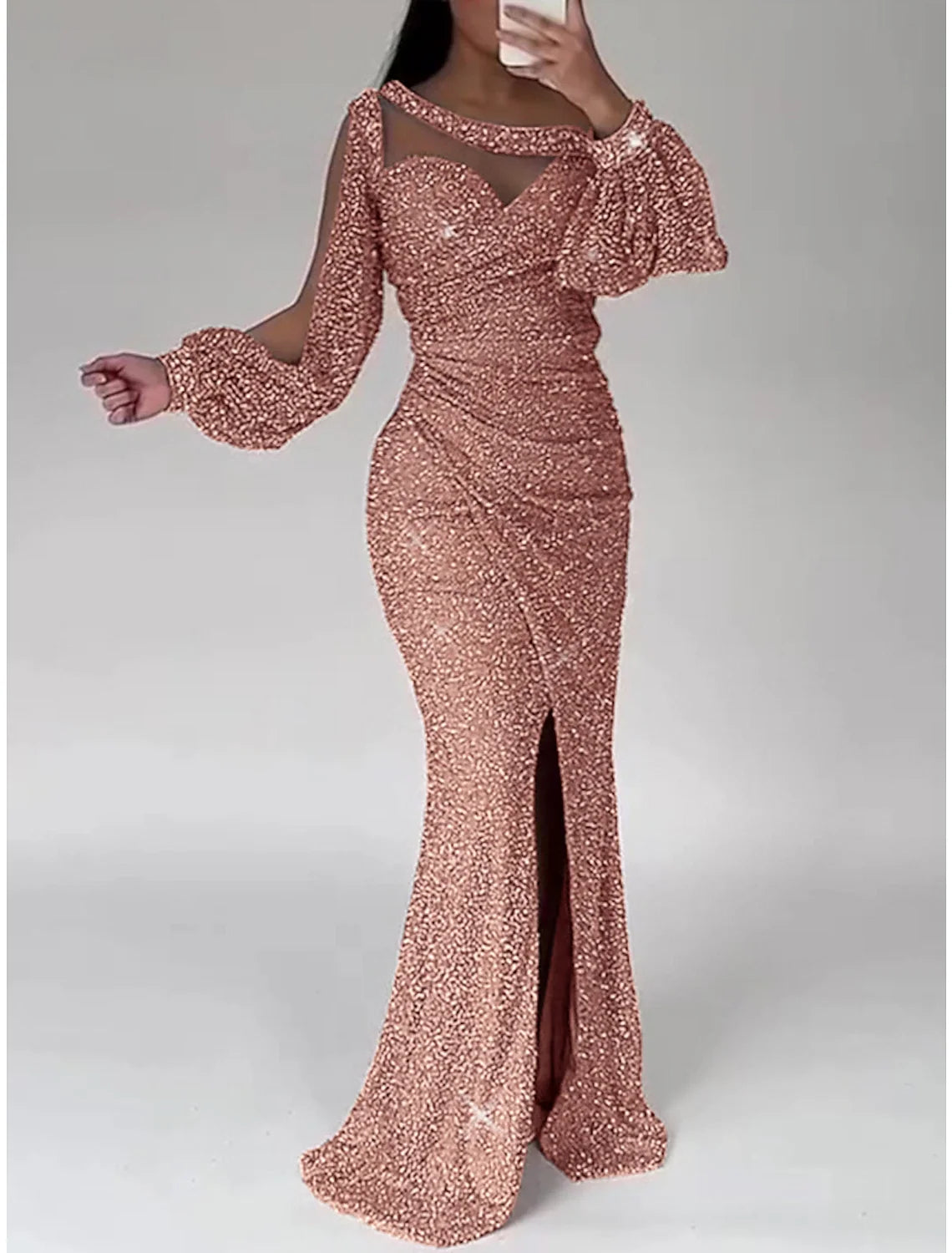 Champagne Mermaid Sequin Long Sleeve High Slit Floor-Length Evening Gown - Chloe Dress