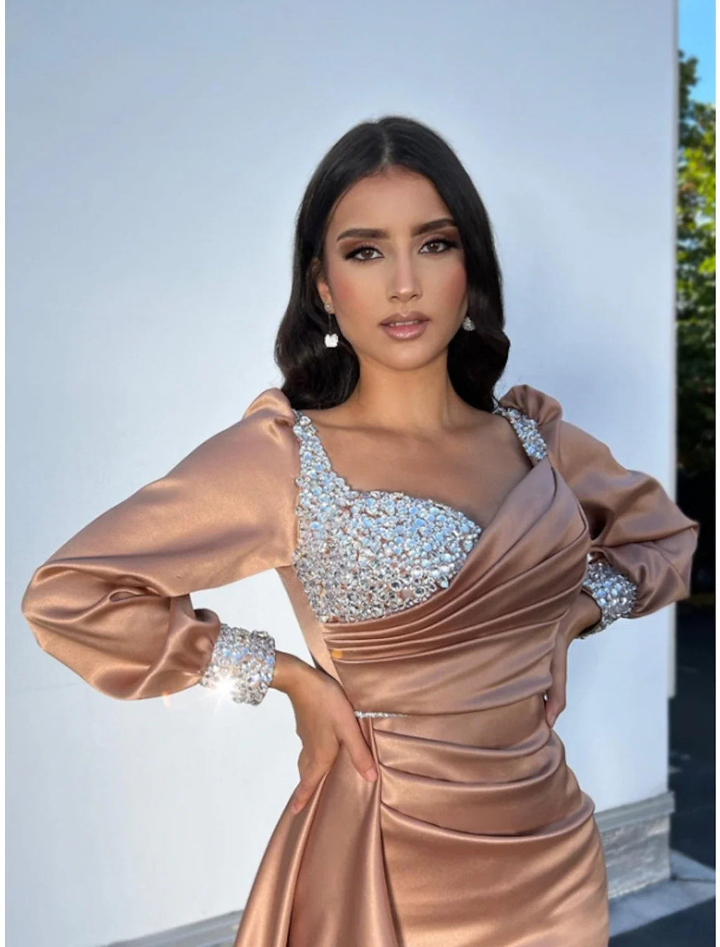 A-Line Square Neck Satin Long Sleeve Train Evening Gown - Chloe Dress