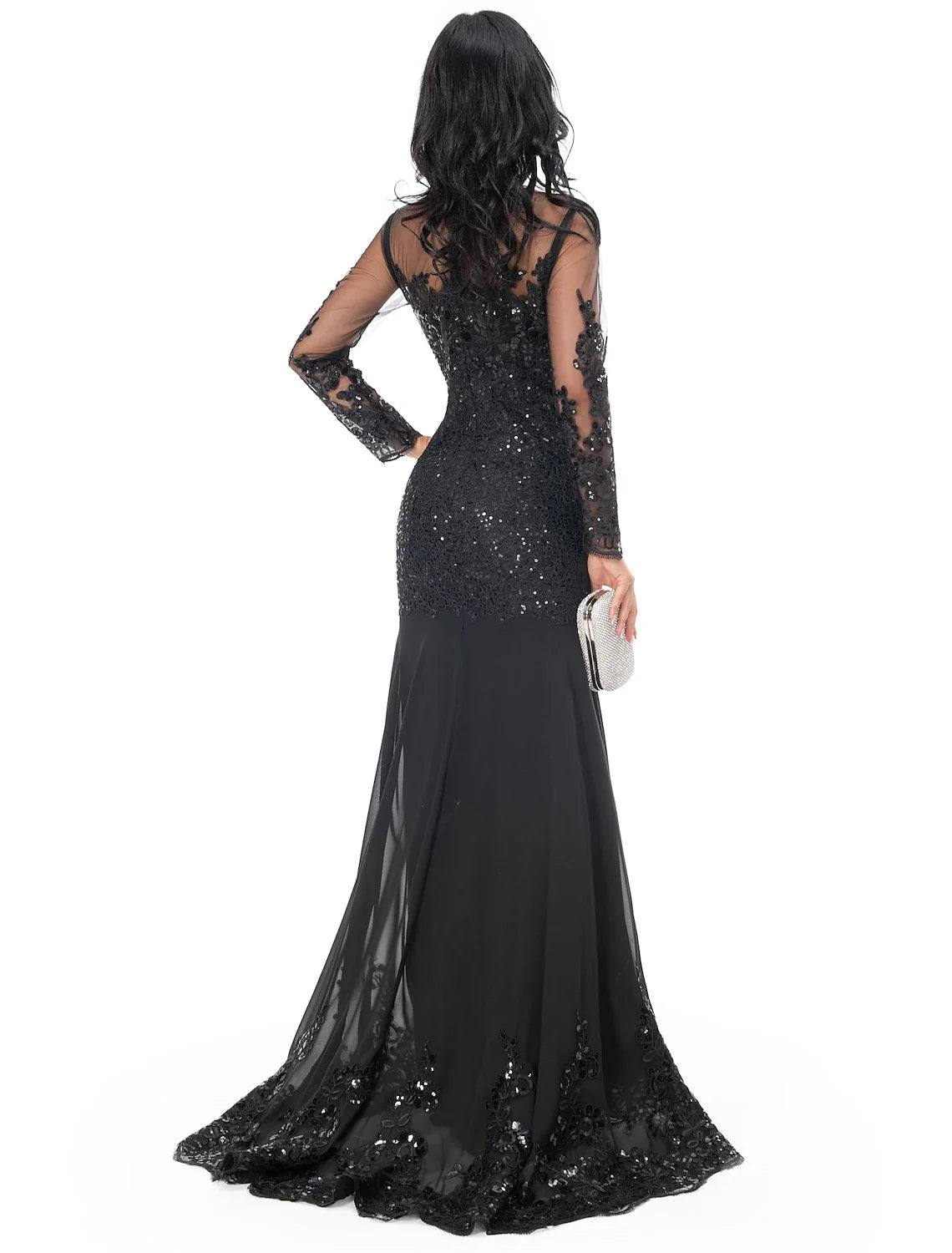 Black Mermaid Illusion Lace Long Sleeve Train Evening Gown - Chloe Dress