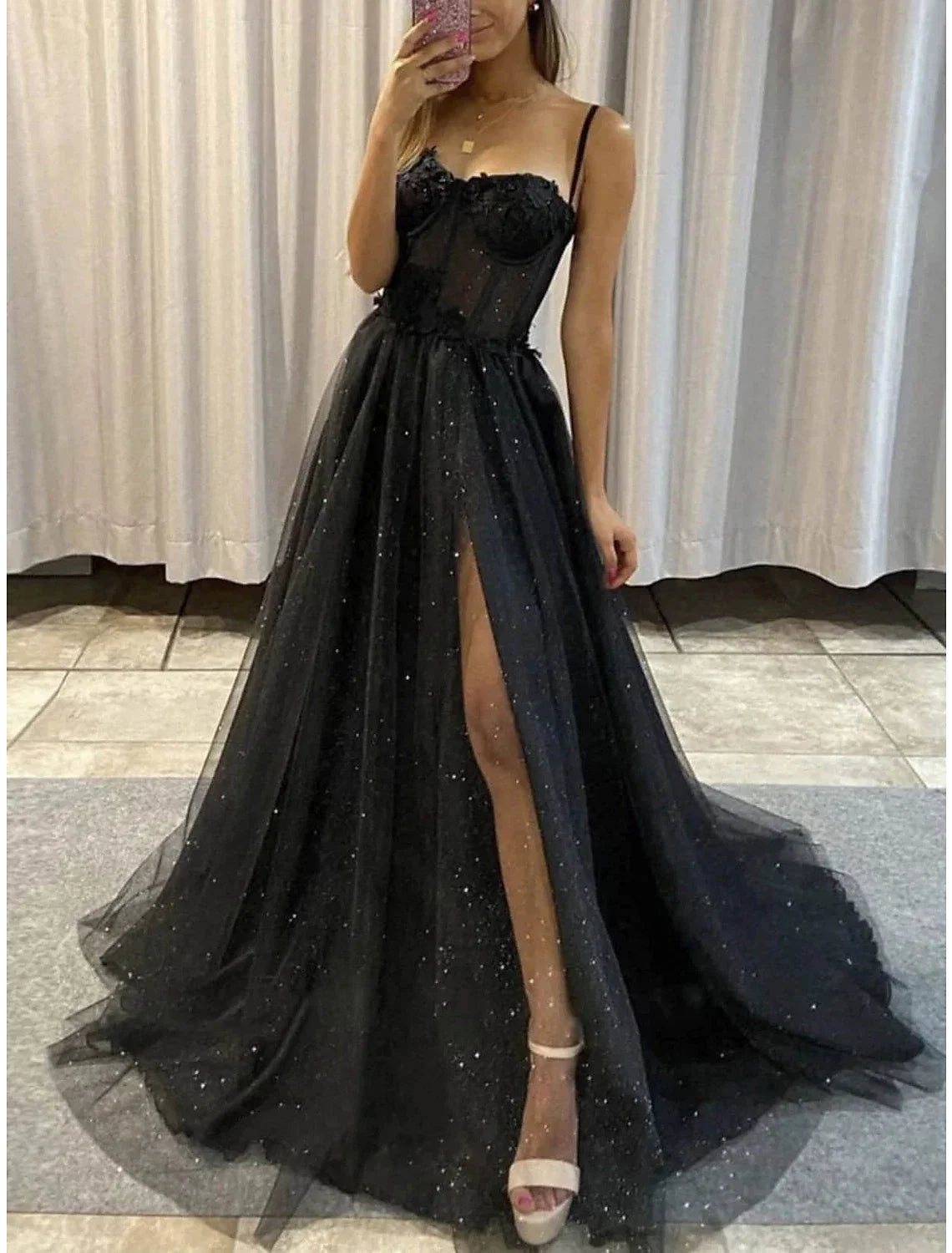 Black A-Line Sweetheart Tulle Sleeveless High Slit Floor-Length Prom Dress - Chloe Dress
