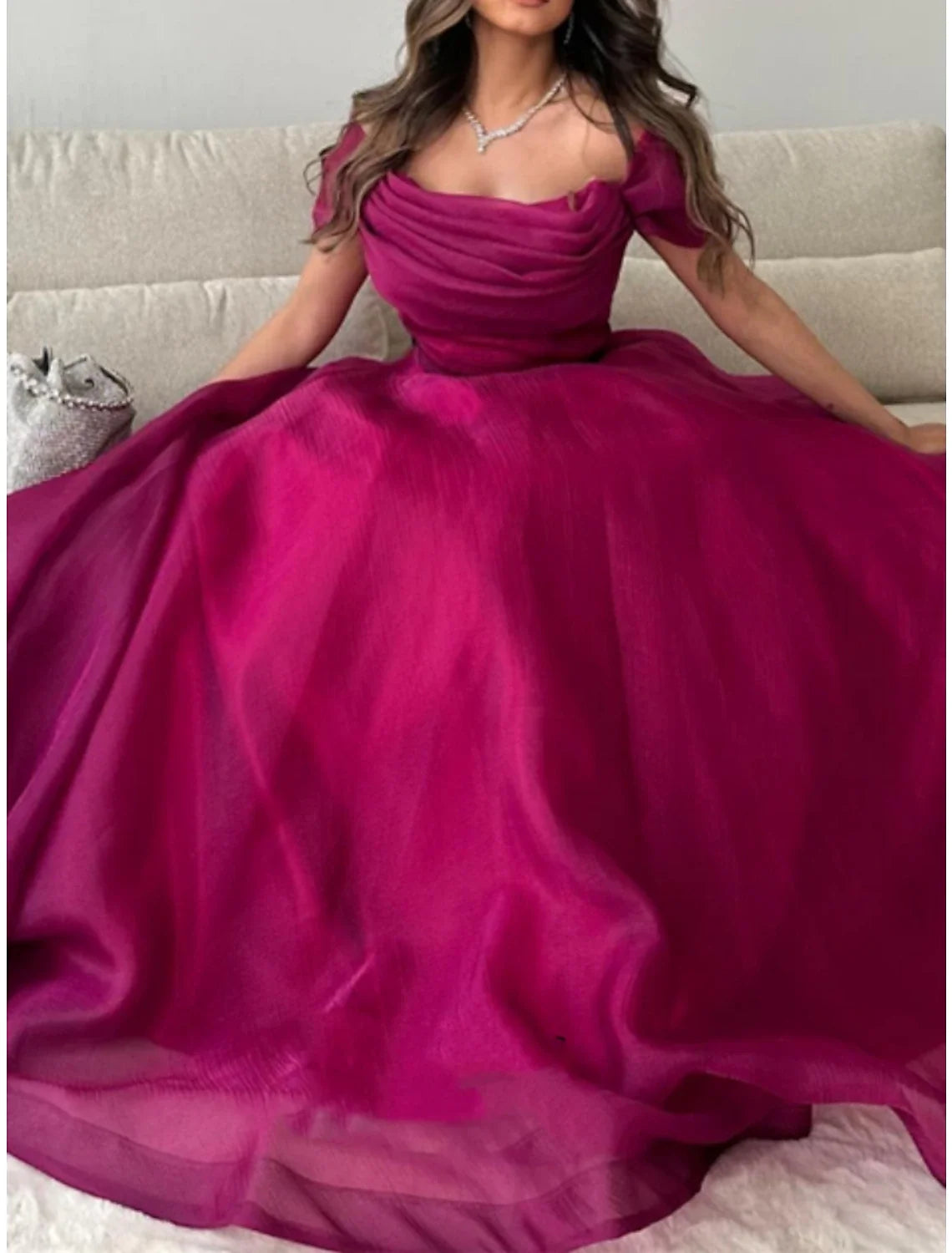 A-Line Off-Shoulder Tulle Short Sleeve Pleated Mini Prom Dress - Chloe Dress
