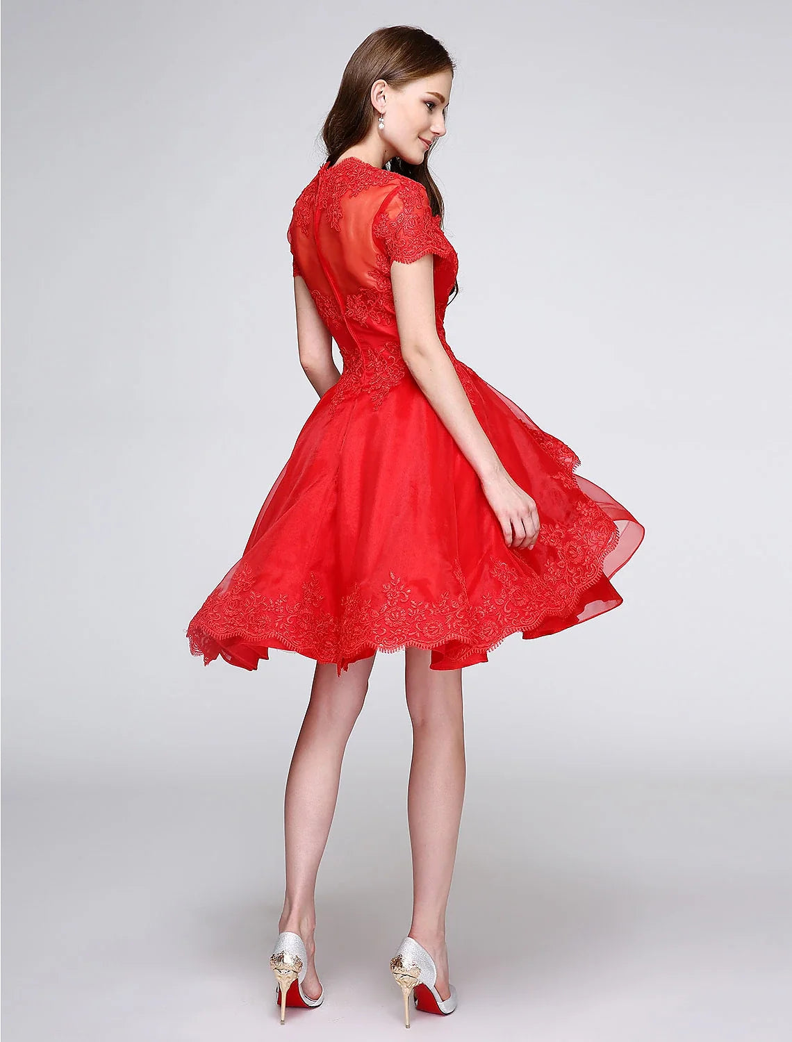 Ball Gown Plunging Organza Short Sleeve Button Back Applique Mini Prom Gown - Chloe Dress