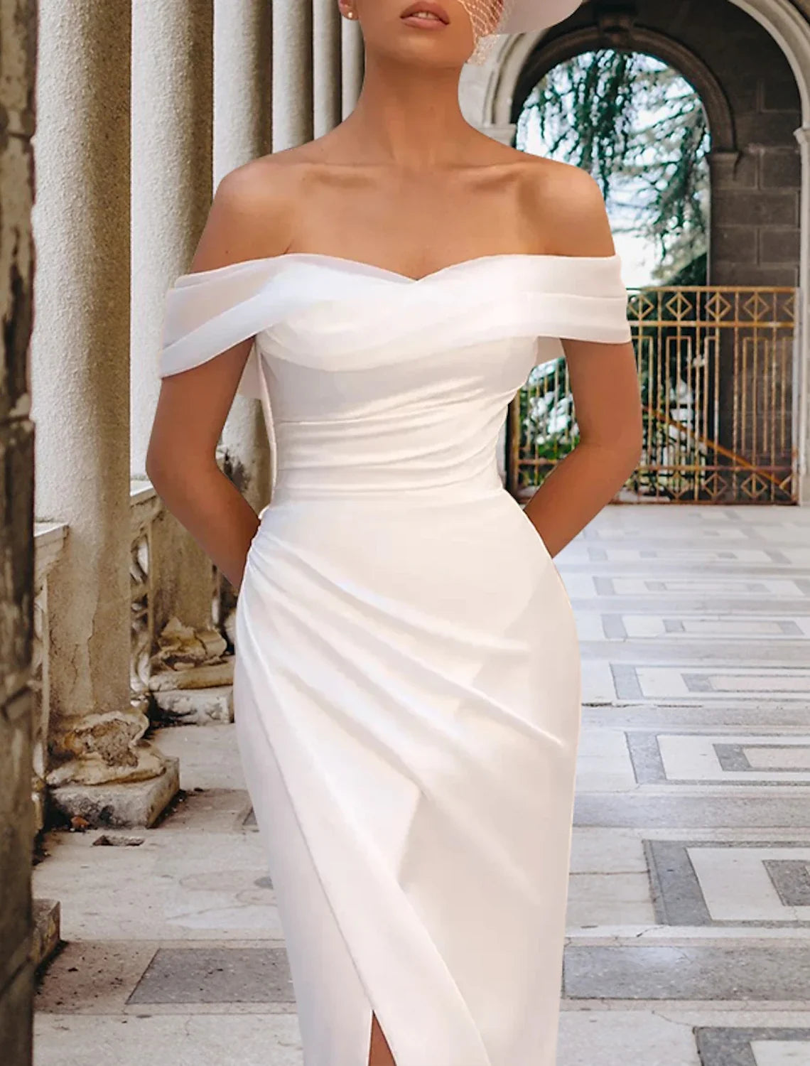 Sheath Off-Shoulder Satin Cap Sleeve Draped Wedding Gown - Chloe Dress