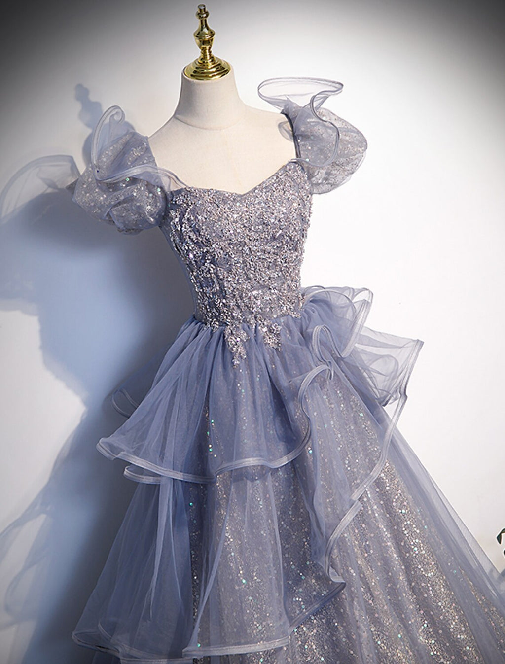 Ball Gown Square Neck Tulle Short Sleeve Ruffled Floor-Length Gown - Chloe Dress