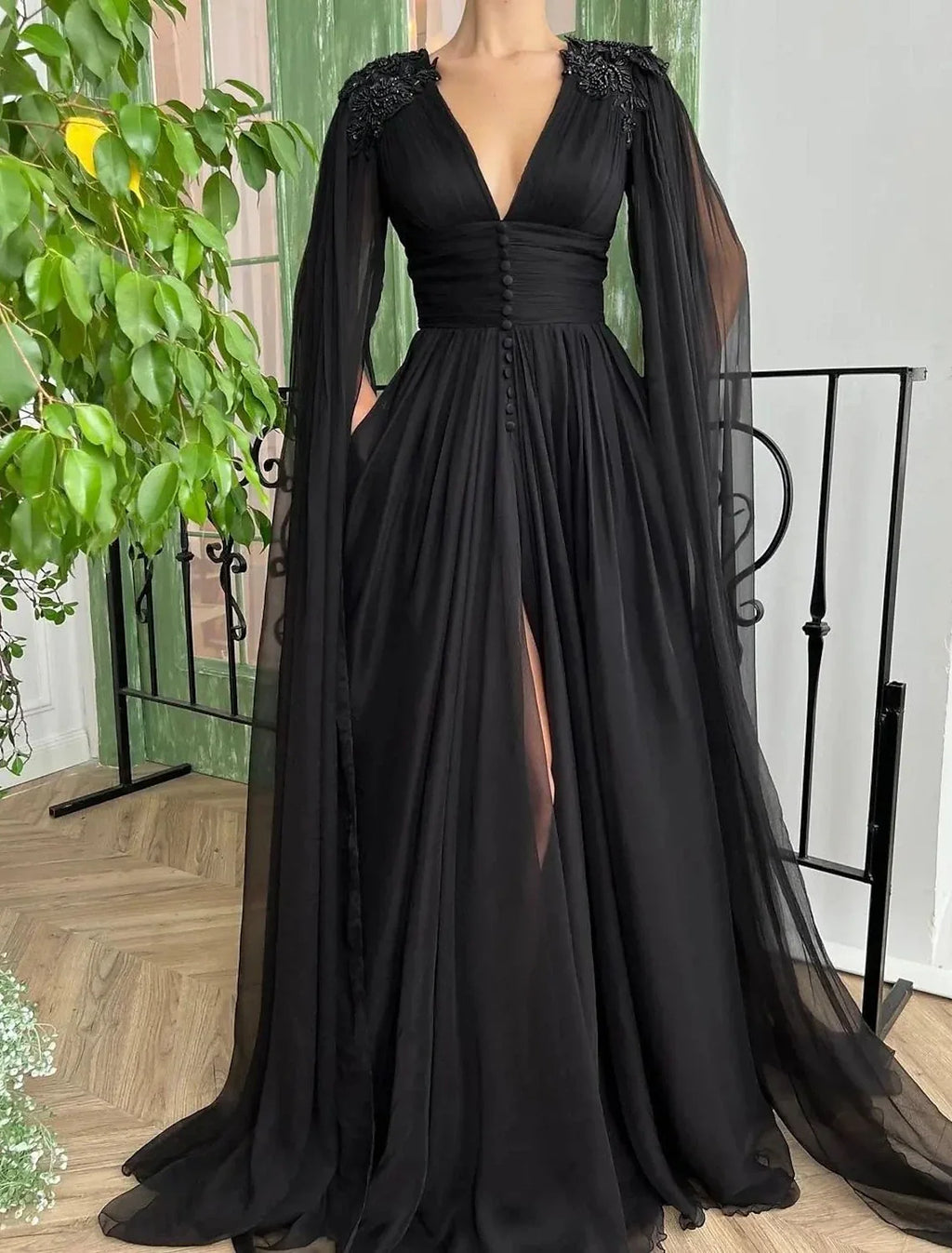 Black A-Line V-Neck Chiffon Long Sleeve Button Back High Slit Evening Gown - Chloe Dress