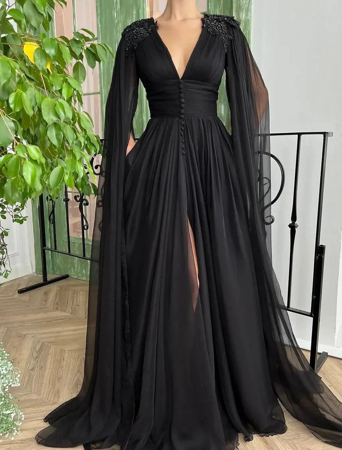 Black A-Line V-Neck Chiffon Long Sleeve Button Back High Slit Evening Gown - Chloe Dress