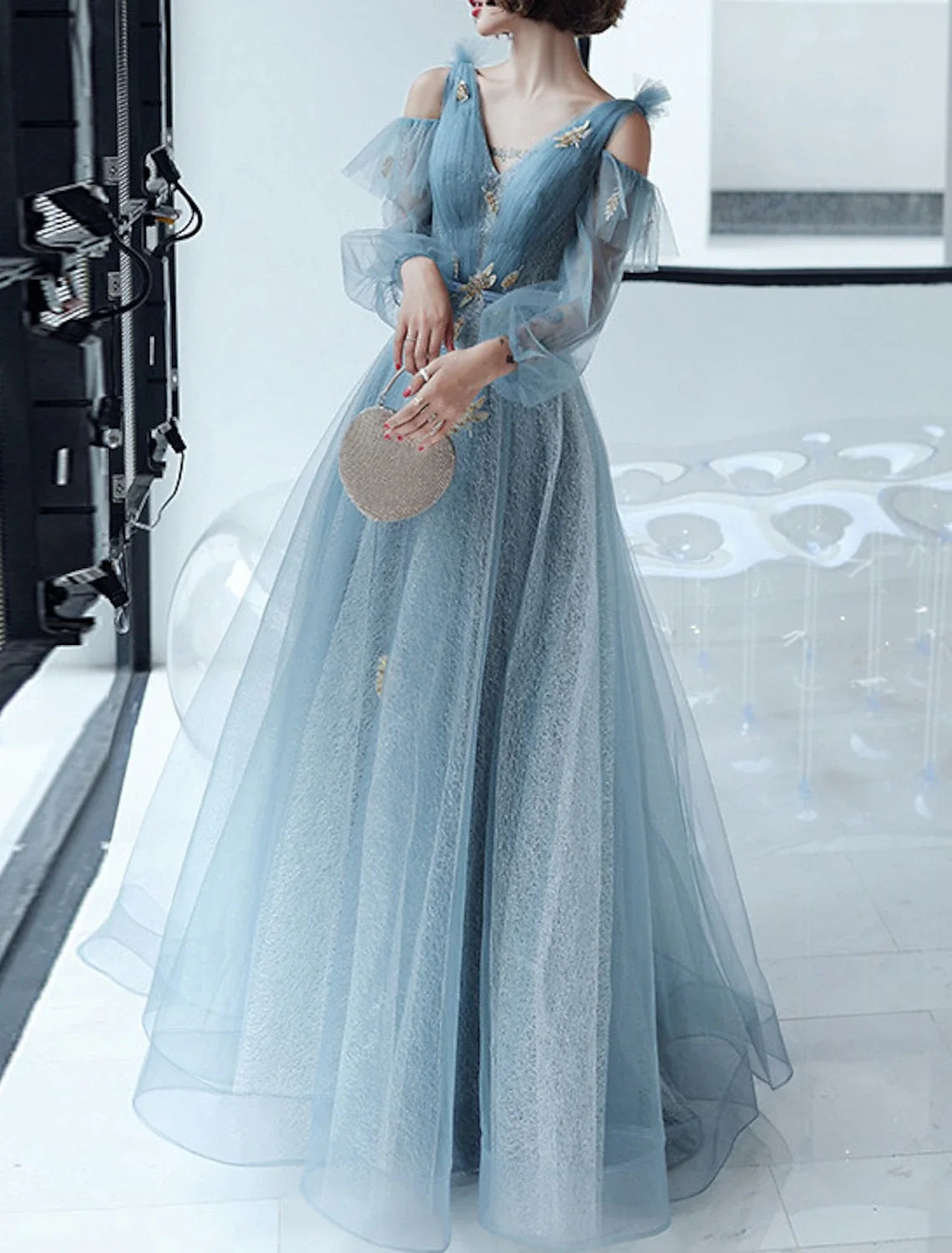 A-Line V-Neck Sequin Long Sleeve Floor-Length Evening Dress - Chloe Dress