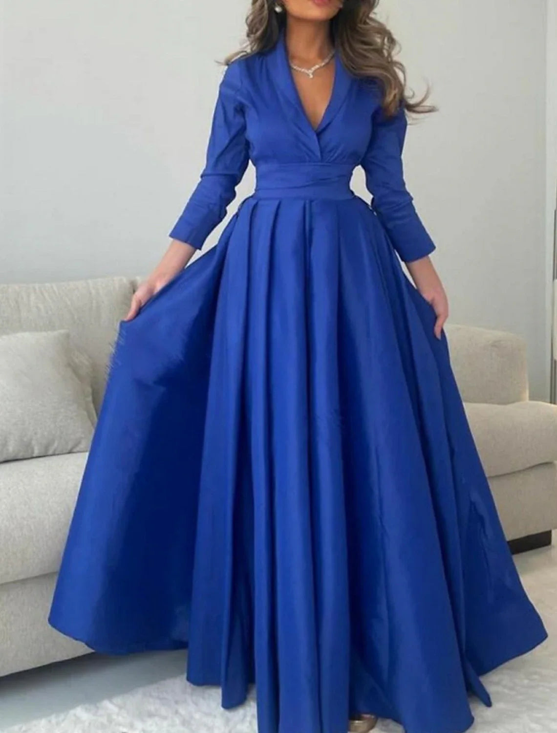 Champagne A-Line V-Neck Satin Three-Quarter Sleeve Pleated Floor-Length Evening Gown - Chloe Dress