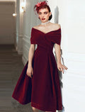 Black A-Line Off-Shoulder Velvet Short Sleeve Pleated Mini Wedding Dress - Chloe Dress