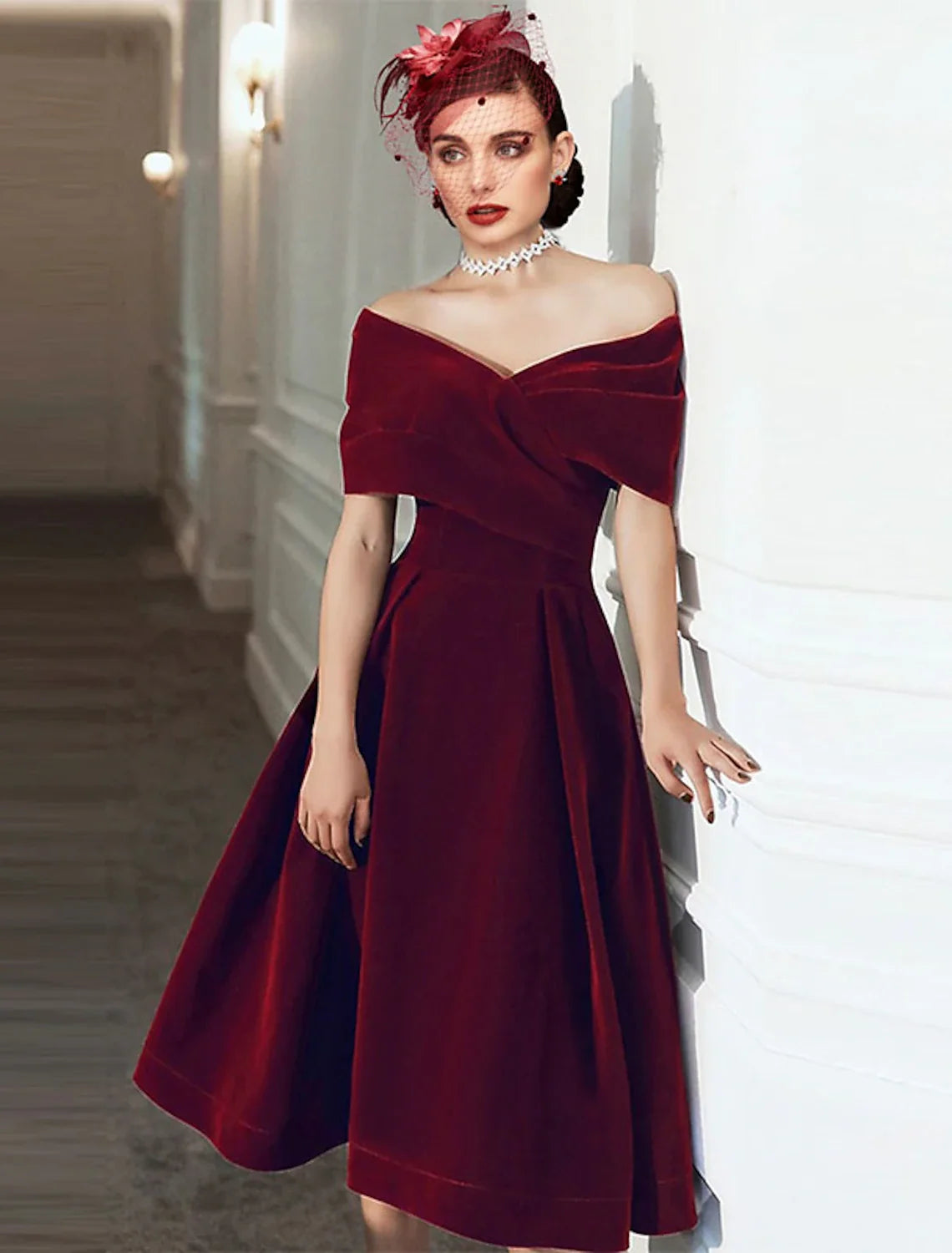 Black A-Line Off-Shoulder Velvet Short Sleeve Pleated Mini Wedding Dress - Chloe Dress