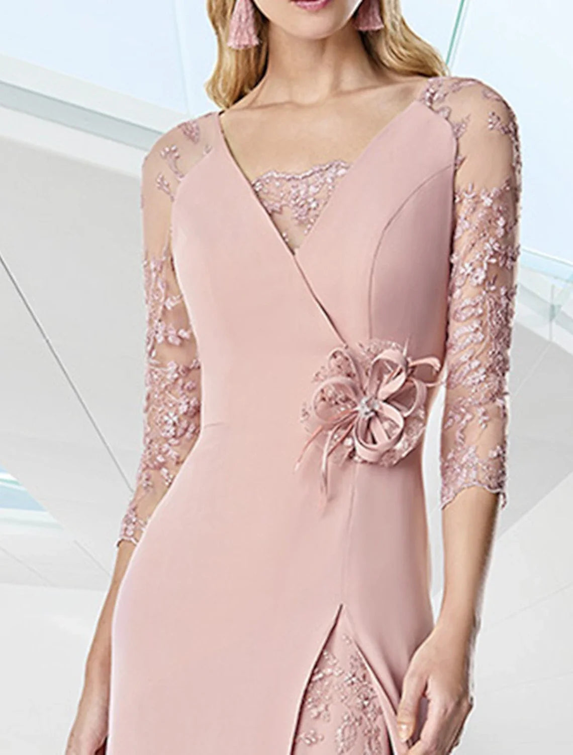 A-Line V-Neck Chiffon Three-Quarter Sleeve Floor-Length Evening Gown - Chloe Dress