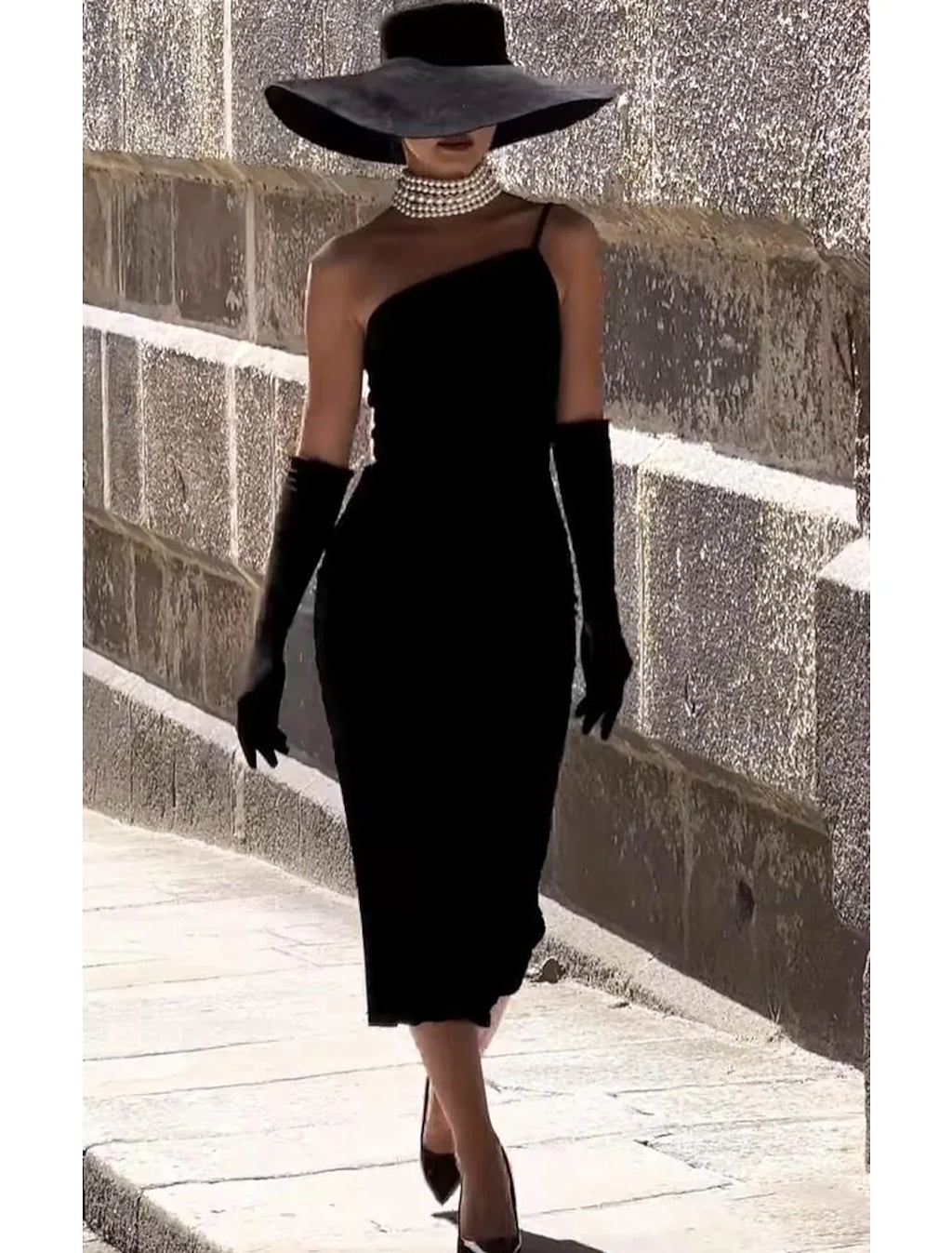 Black Sheath One-Shoulder Sleeveless Tea-Length Cocktail Dress - Chloe Dress