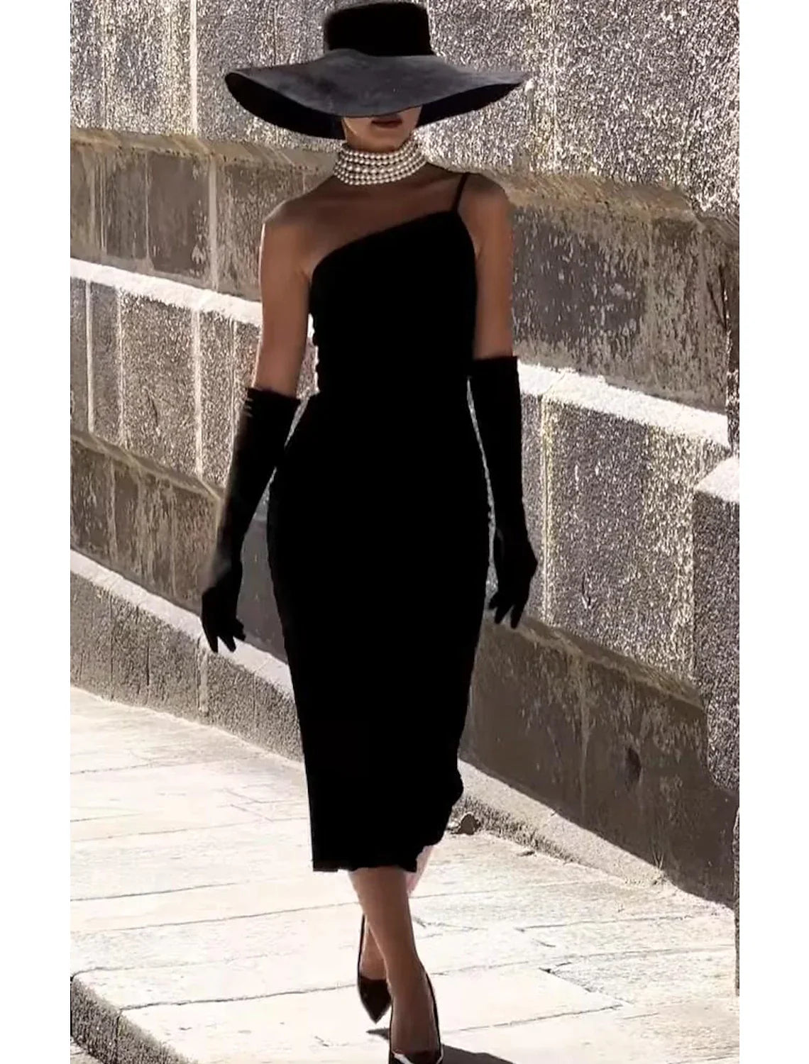 Black Sheath One-Shoulder Sleeveless Tea-Length Cocktail Dress - Chloe Dress