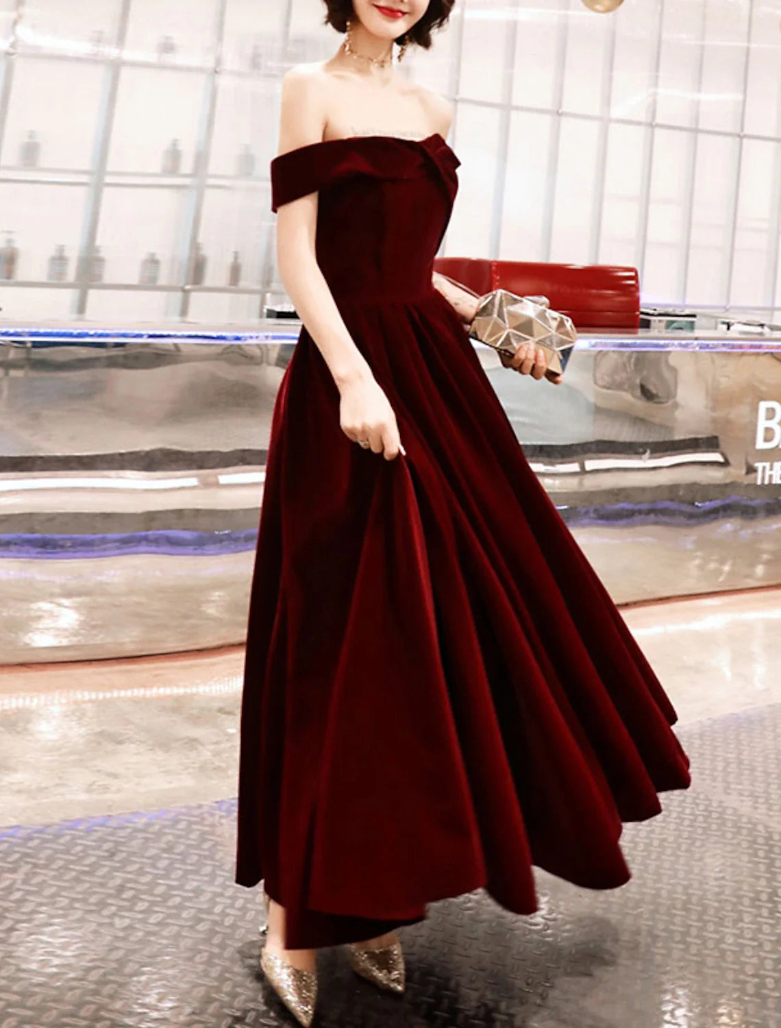 A-Line Off-Shoulder Velvet Short Sleeve Mini Evening Gown - Chloe Dress