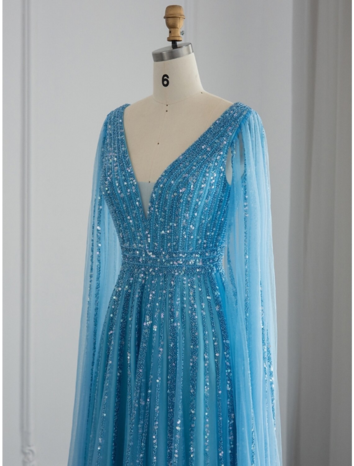 A-Line V-Neck Sequin Long Sleeve Pleated Evening Gown - Chloe Dress