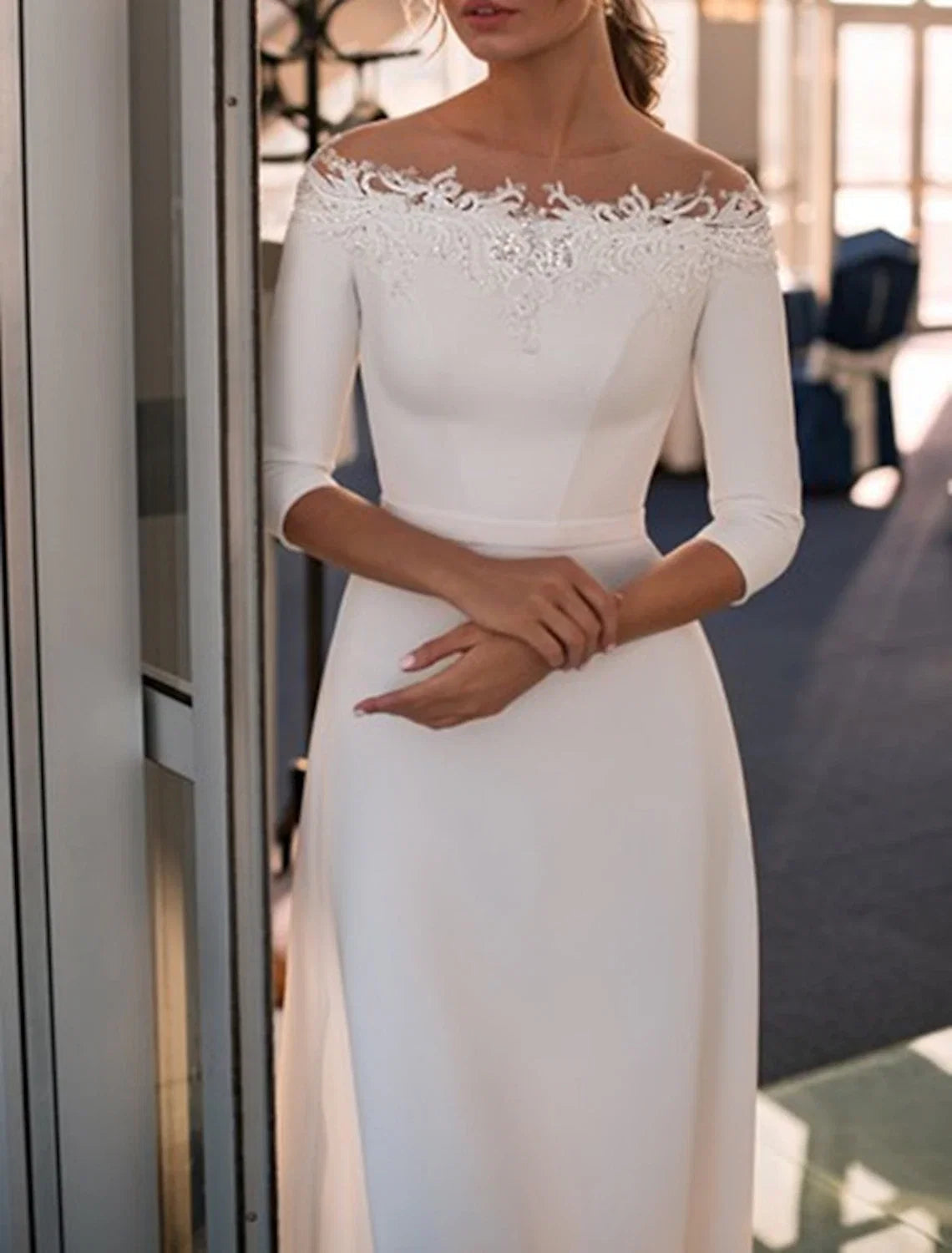 A-Line Off-Shoulder Lace Three-Quarter Sleeve Train Wedding Gown - Chloe Dress